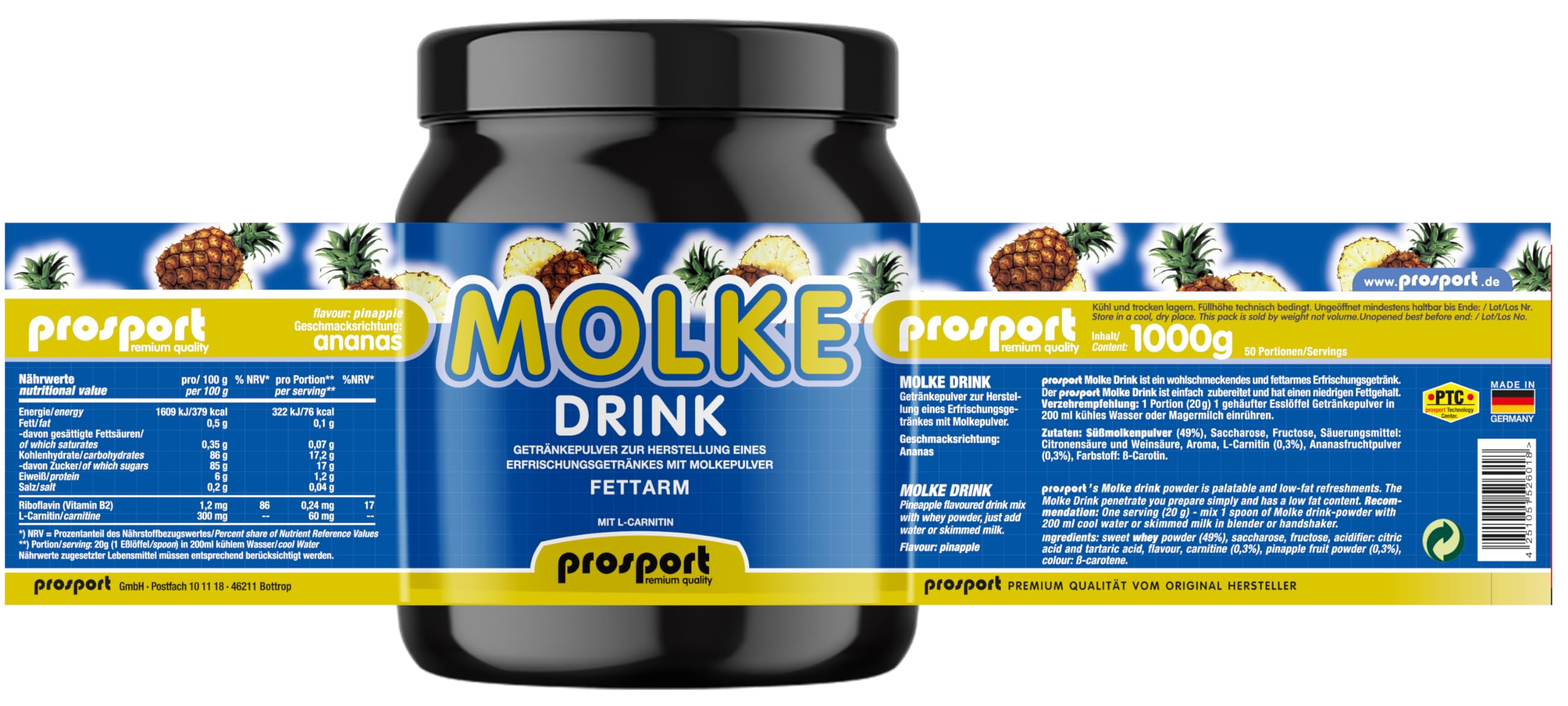 Prosport Molke Drink Ananas mit L-Carnitin 1000g – Molkepulver in Dose – Trinkpulver mit Süßmolke