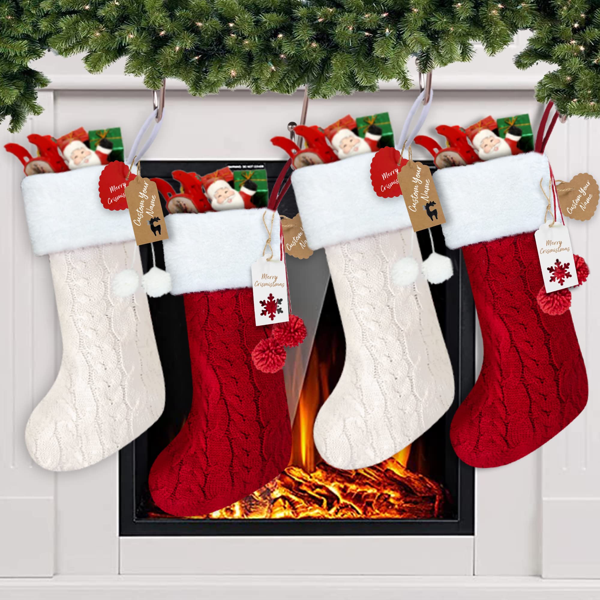 Christmas Stockings Personalized With Name Tags(50)-Large 18-20” Cable Knit Personalized Christmas Stocking 4 Pack Christmas Decorations-Fire Hanging Xmas Party Home Decor For Family Holiday,Farmhouse