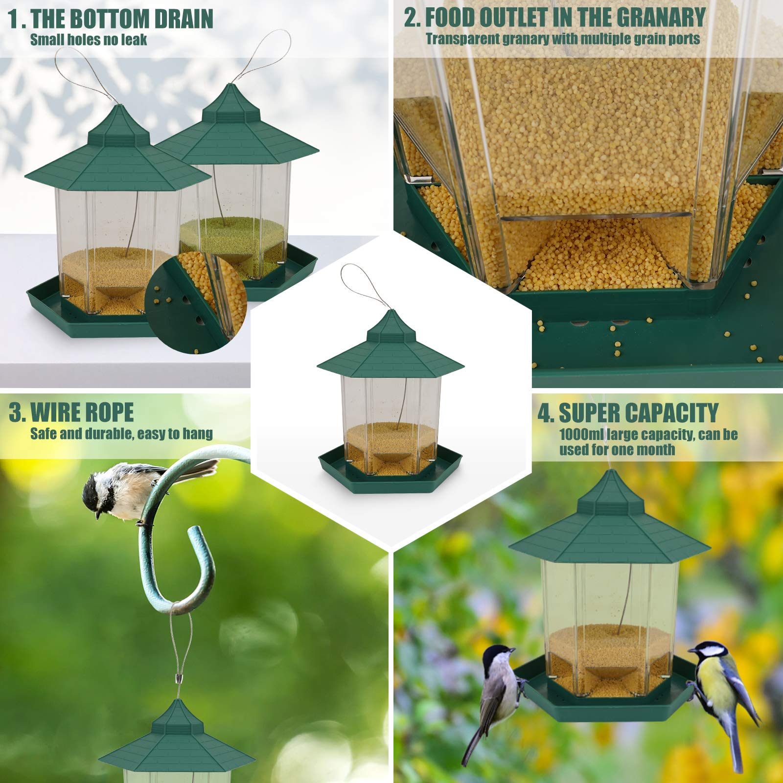 Herefun Comedero para Pájaros, Comedero Colgante para Pájaros, Comedero para Pájaros Salvajes para Exteriores a Prueba de Ardillas, Resistente al Agua Pajarera para Colgar (Verde) — view 5