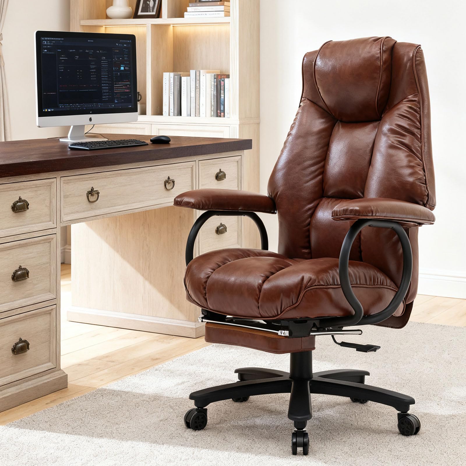 Big and Tall Office Chair 500LBS for Back Pain Relief, Heavy Duty Executive Office Chair with Foot Rest, Ergonomic Office Chairs for Long Hours Sitting, Computer Chairs. Brown