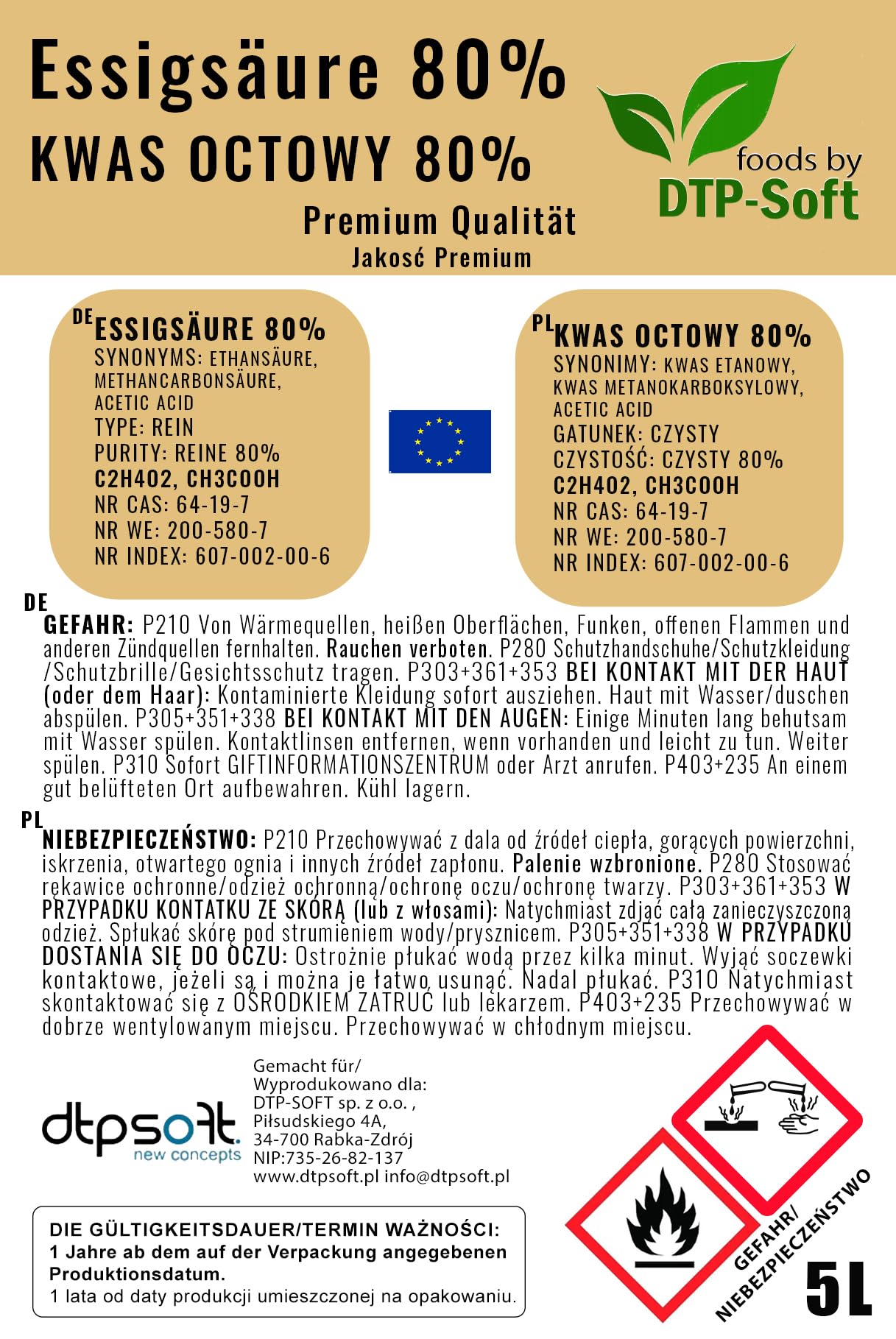 5 l di acido acetico 80% di alta qualità essenza di aceto