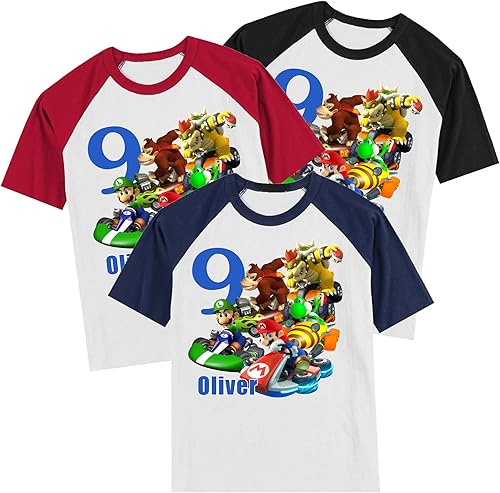 Miniatura 4 de Personalized Mario Kart Birthday Shirt  Super Mario  Handmade Decorated Shirt  Personalized with Name and Age  Unisex Short Sleeve Raglan T-Shirt
