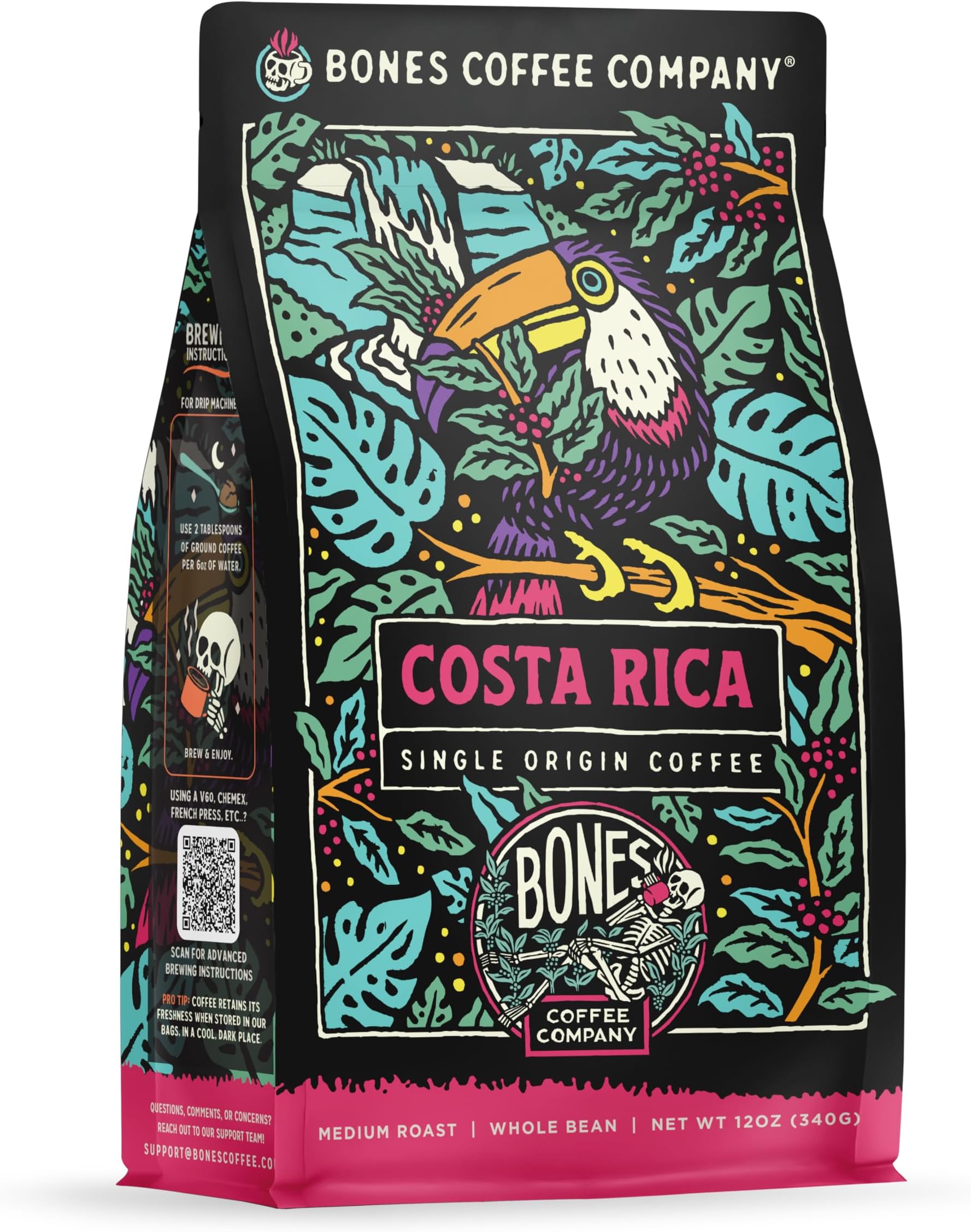 Bones Coffee Company Costa Rica Single-Origin, Cocoa, Nutty and Milk Chocolate Notes, Whole Coffee Beans, Low Acid Medium Roast Arabica Beans Flavored Coffee for Auto drip, 12 oz Whole Bean