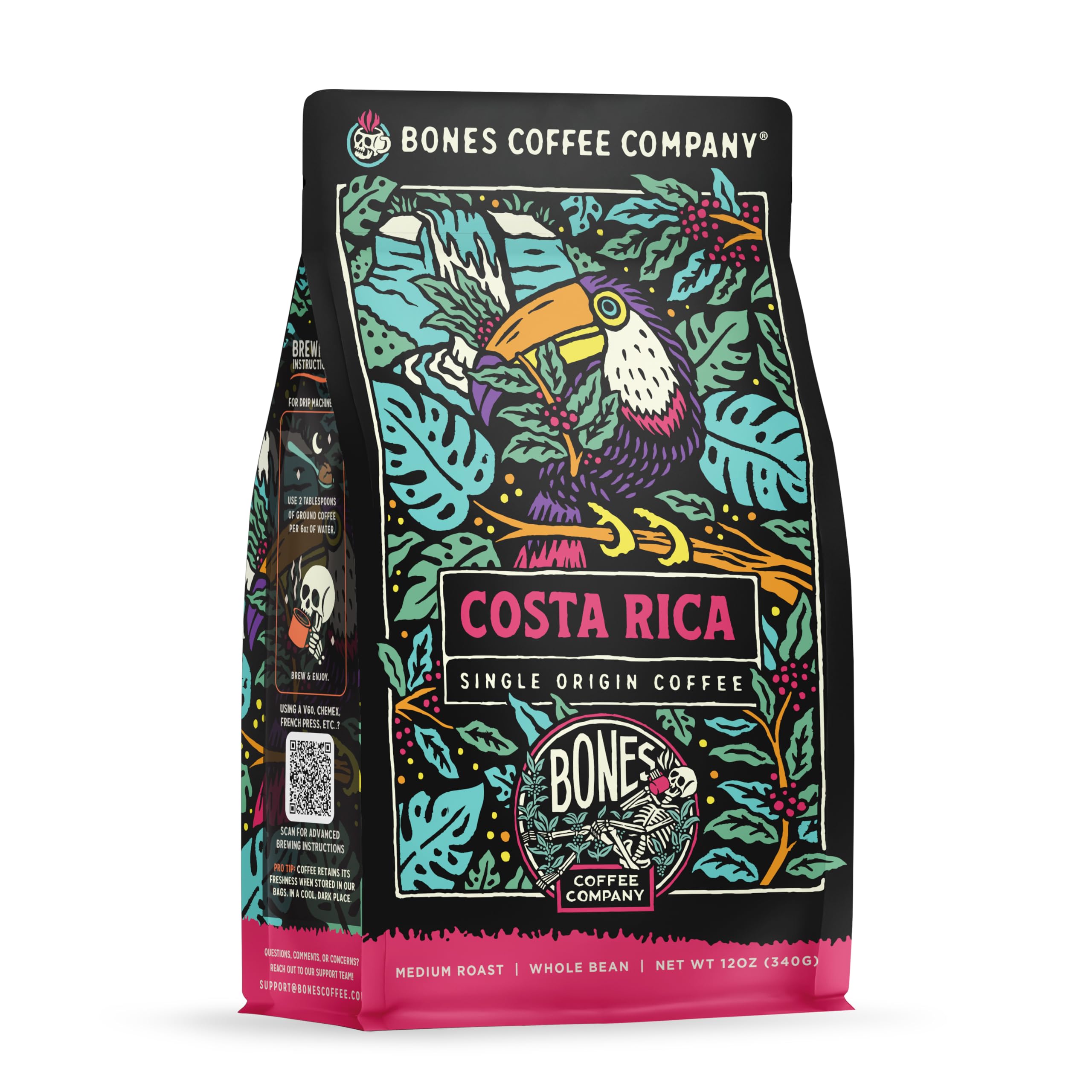 Bones Coffee Company Costa Rica Single-Origin, Cocoa, Nutty and Milk Chocolate Notes, Whole Coffee Beans, Low Acid Medium Roast Arabica Beans Flavored Coffee for Auto drip, 12 oz Whole Bean
