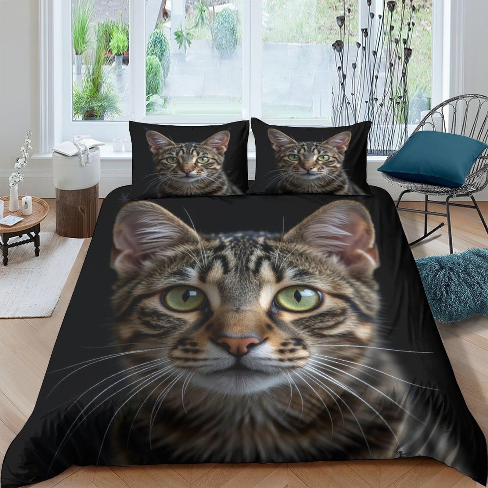 GPLZQXKJNH 3D Printed Cat Face Duvet Cover Microfiber Soft Breathable Tabby Bedding Set with 2 Pillowcases for Bedroom Decor Single（135x200cm）