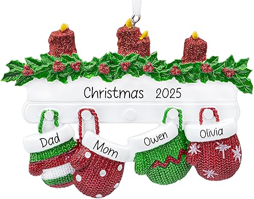 Adorno de Navidad personalizado para familia de 5 miembros 2023  Manoplas con velas con purpurina en la decoración del árbol de Navidad del manto, disponible en Yaxa Costa Rica