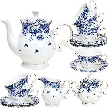 Bone China Tea Set for Adults, 21-Piece Porcelain Tea Set for 6, Blue and White Tea Cup Set With Teapot, Tea Party Sets for Women Gift,Gift Box