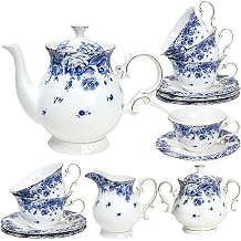 Bone China Tea Set for Adults, 21-Piece Porcelain Tea Set for 6, Blue and White Tea Cup Set With Teapot, Tea Party Sets for Women Gift,Gift Box