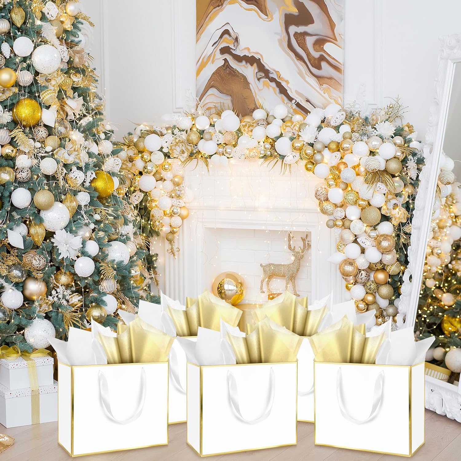 ReliThick Metallic Paper Gift Bag with Handles and Tissue Paper 11.8 x 10 x 4'' Thank You Favor Bag for St. Patrick's Day Wedding Bridesmaid Groomsman 5 Senses Gifts(White, Gold) - Image 6