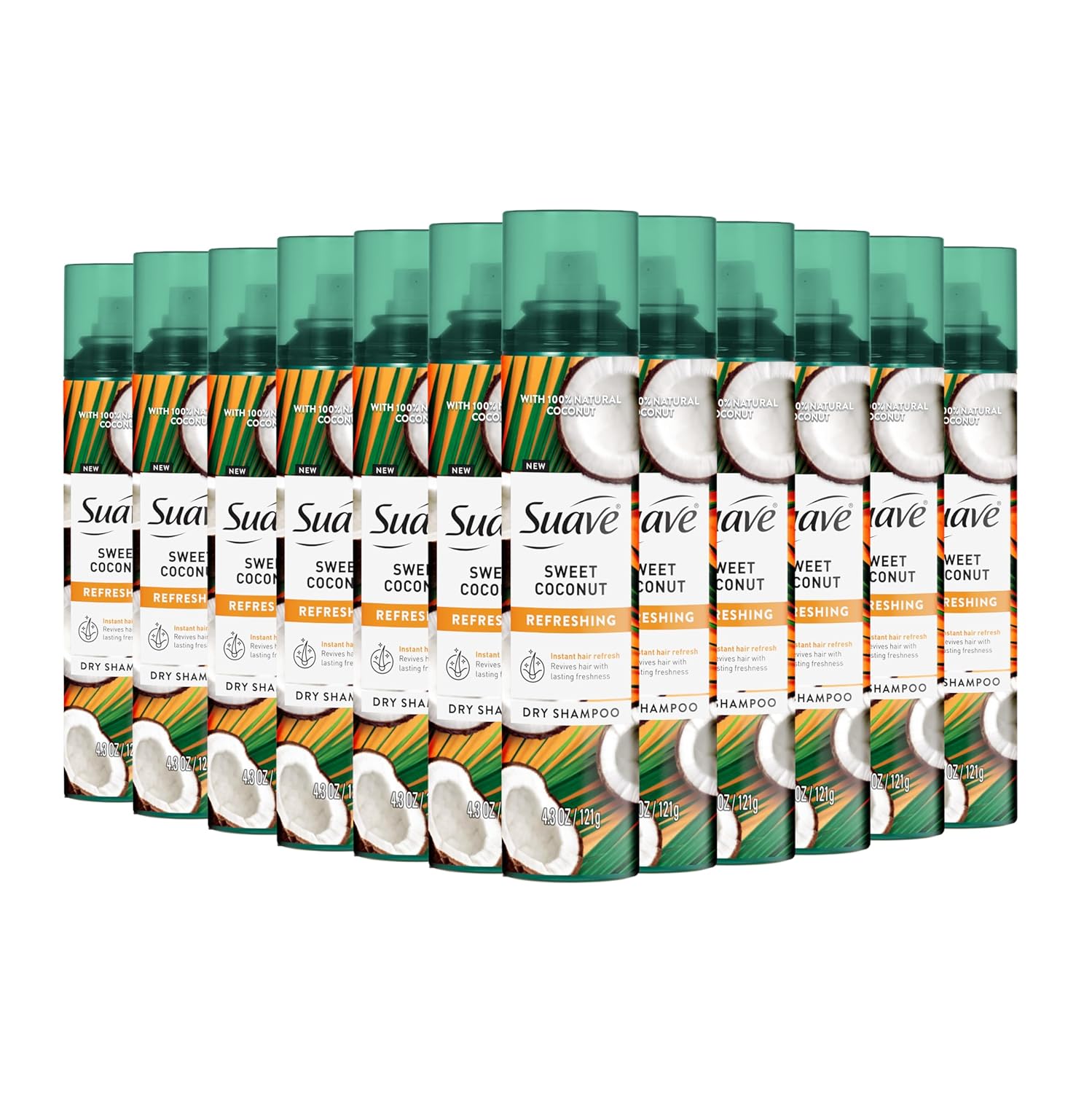 Suave Sweet Coconut Refreshing Dry Shampoo, Infused with 100% Natural Ingredients for Reviving Dull or Limp Hair, 4.3 oz, 12 pack