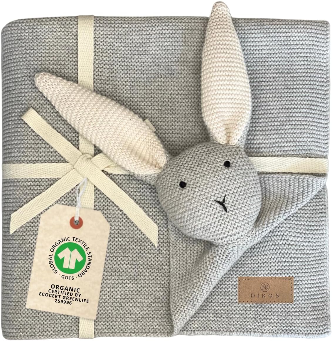 DIKOS® Original Baby Blanket Cuddly Rabbit Grey 100% Organic Cotton Newborn Blanket Cuddly Blanket Knitted Girls Cuddle Blanket Pram Baby Gift Boy First Essentials Birth