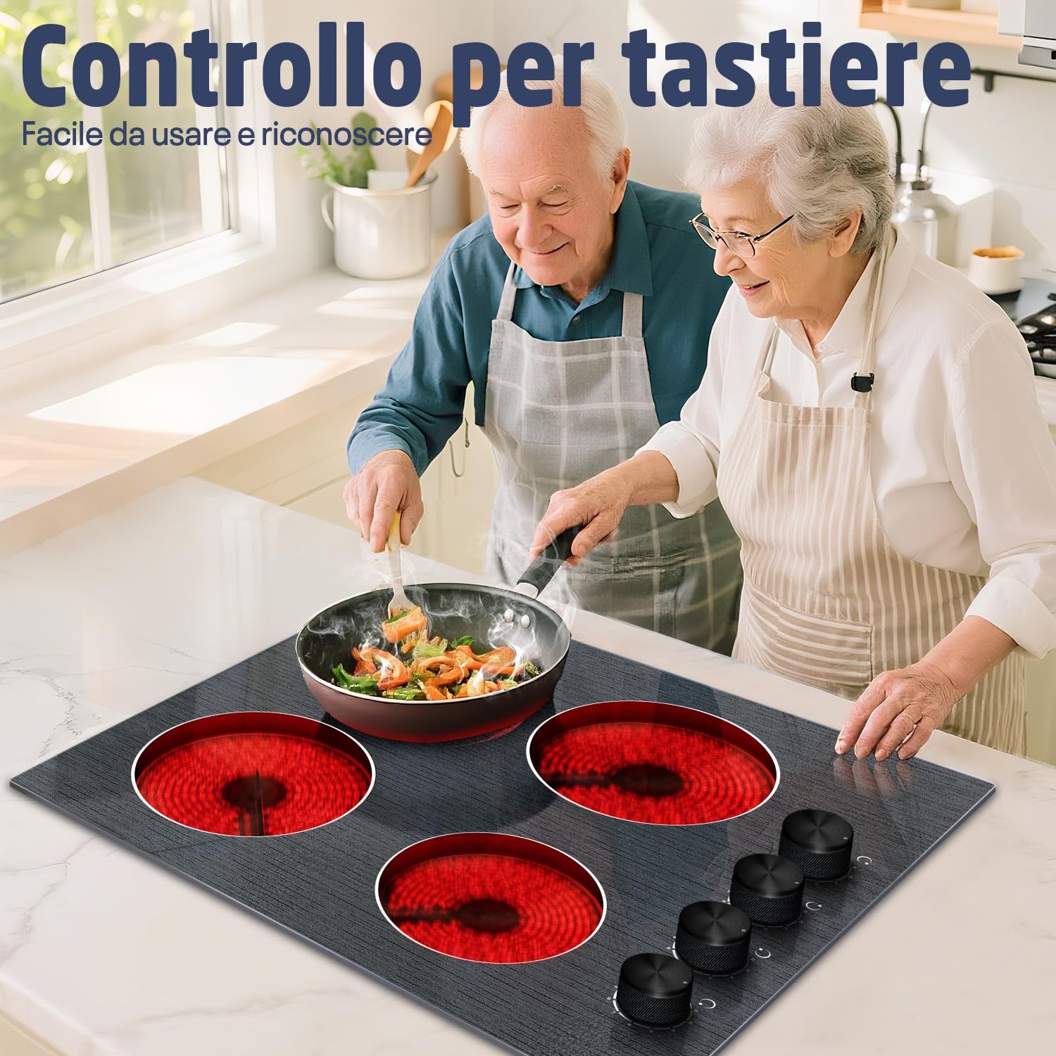 Piano Cottura Vetroceramica 4 Fuochi, 6000W Piano Cottura Elettrico 60cm | Incasso, Manopola, Piani Cottura Elettronica, Spegnimento Automatico, Vetro Cristallo, Argento Nero