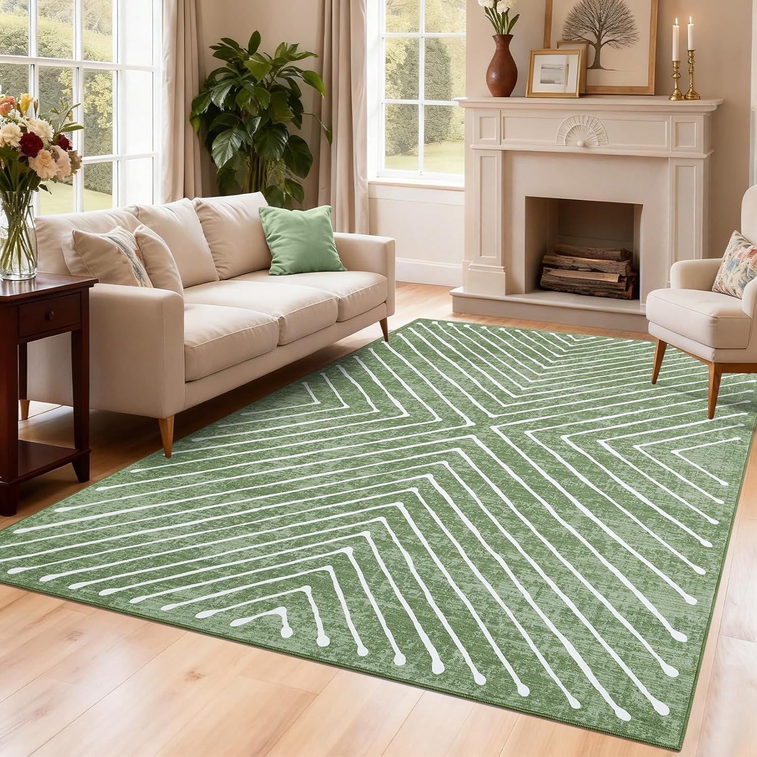 Tapis de salon vert géométrique moderne 120x180 cm lavable et antidérapant