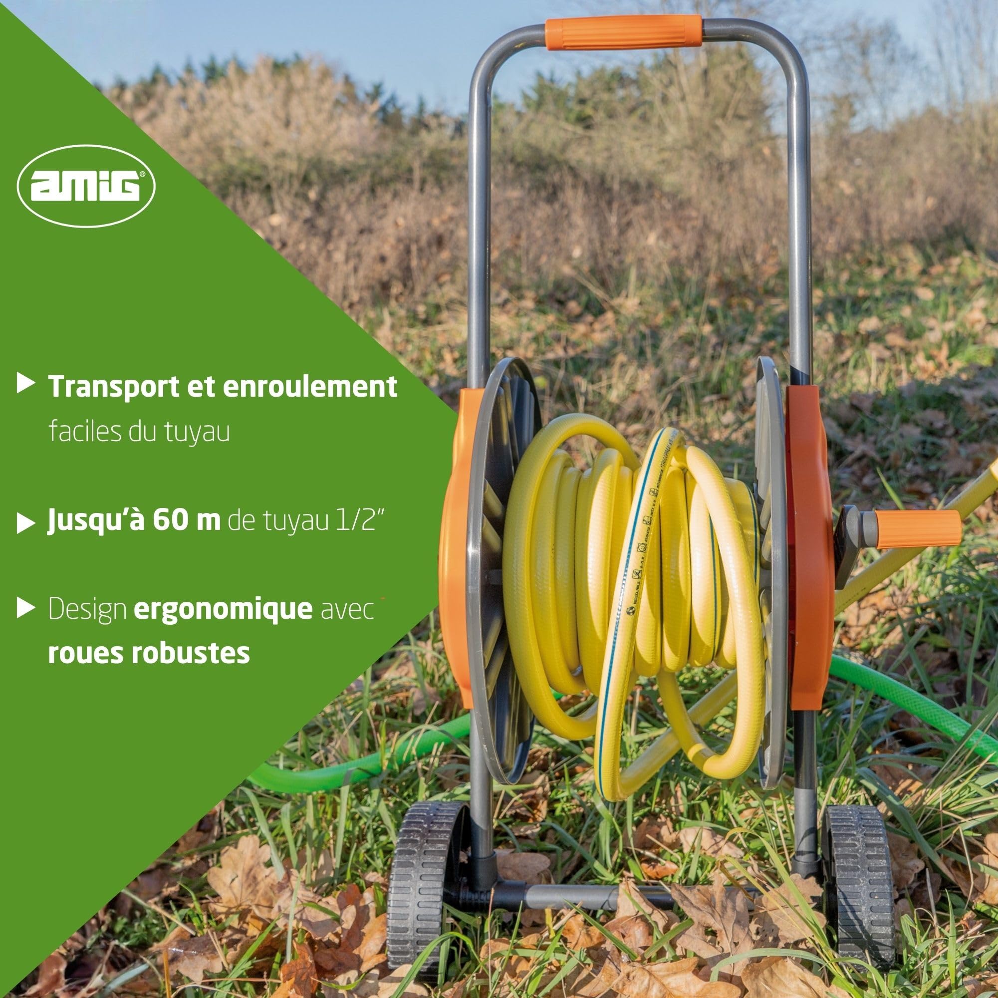 Amig - Dévidoir | pour 1/2" | 1/2" - 45 M | Enroulé Jusqu'À 45 M | avec Manivelle Manuelle pour Un Ramassage Facile | Polypropylène | Orange Et Gris