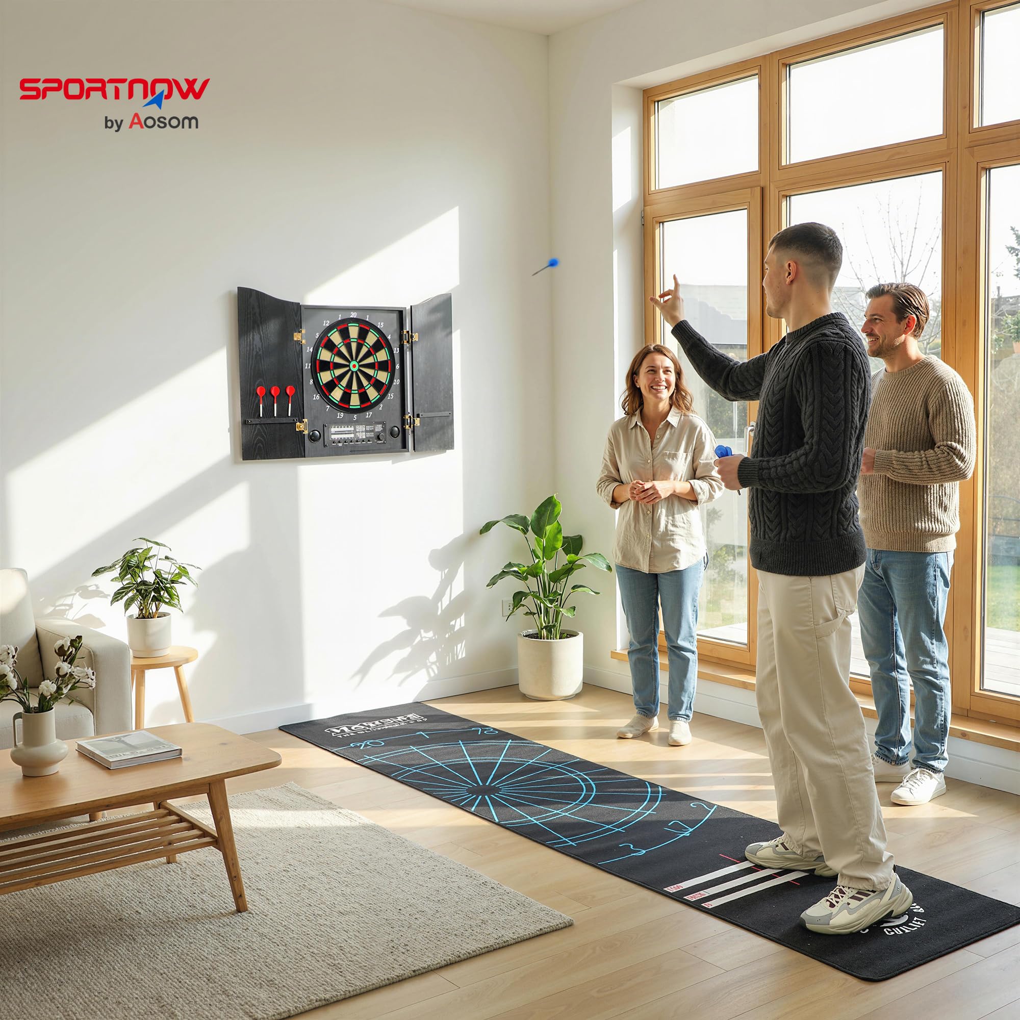 SPORTNOW Cible de fléchettes électronique E avec armoire, affichage LED, annonces vocales, 6 fléchettes souples, 25 jeux