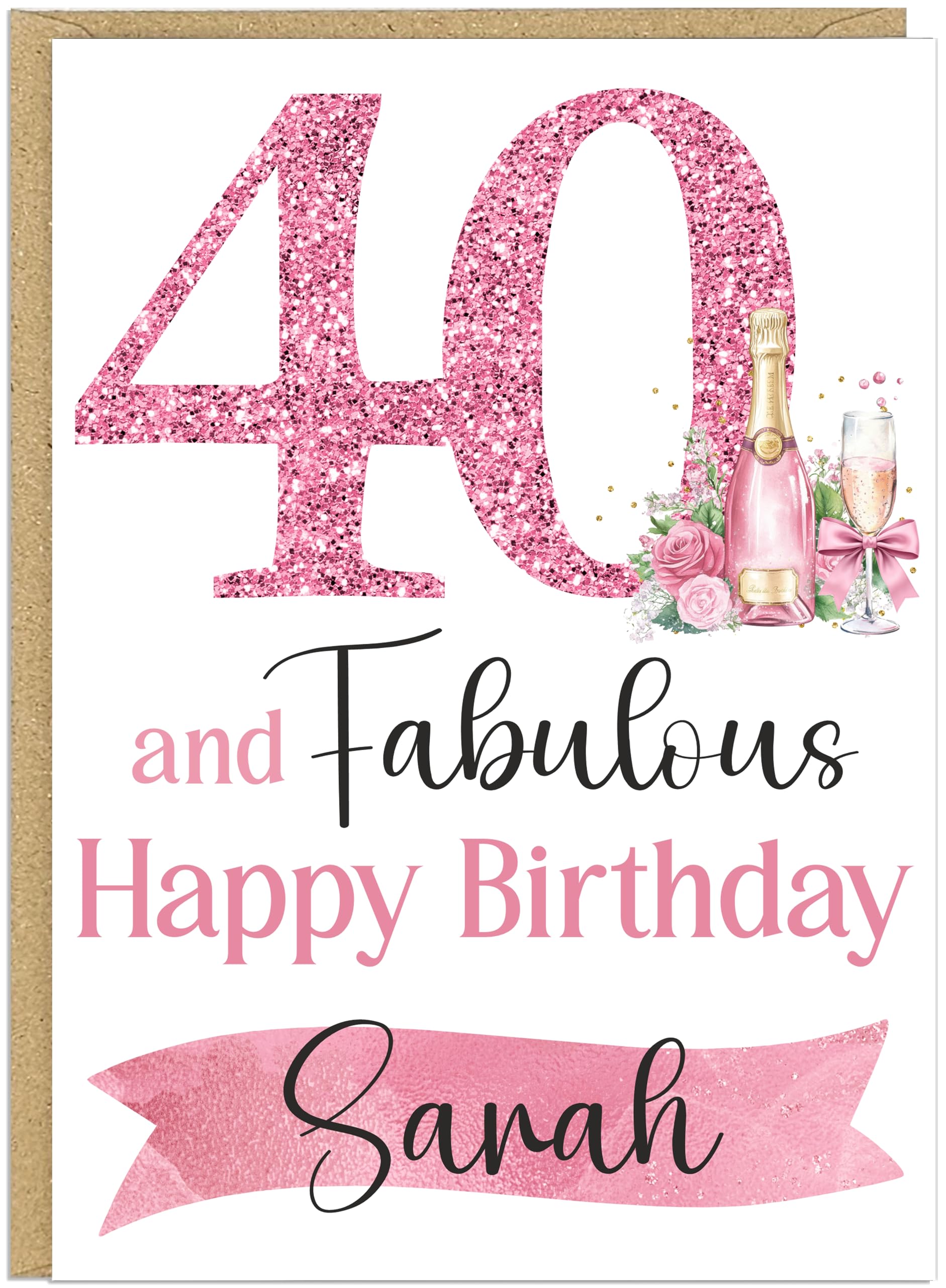 Elegant A5 Pink Champagne Birthday Cards 30th 40th 50th 60th 70th 80th 90th & Fabulous! Custom Own Name Champagne Style Happy Birthday Milestone Card (40th)
