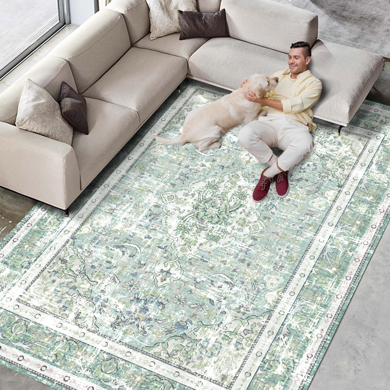 Vhong Boho Area Rugs Vintage Washable Modern Neutral Large Carpet Sage Green 8×10 High Traffic Rugs for Dinning Room Living Room Bedroom Farmhouse Non