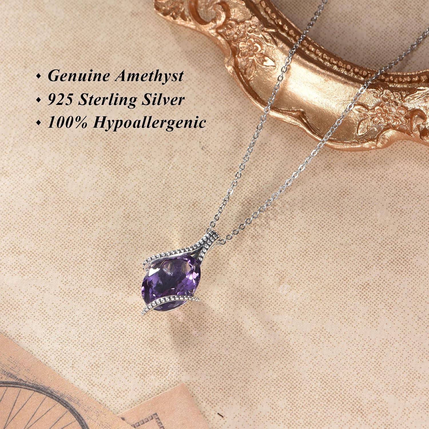 14x10MM Genuine Amethyst Necklace for Women 925 Sterling Silver Oval Shaped Natural Amethyst Pendant Necklace Jewelry Gift for Her Wife Mom - Image 2