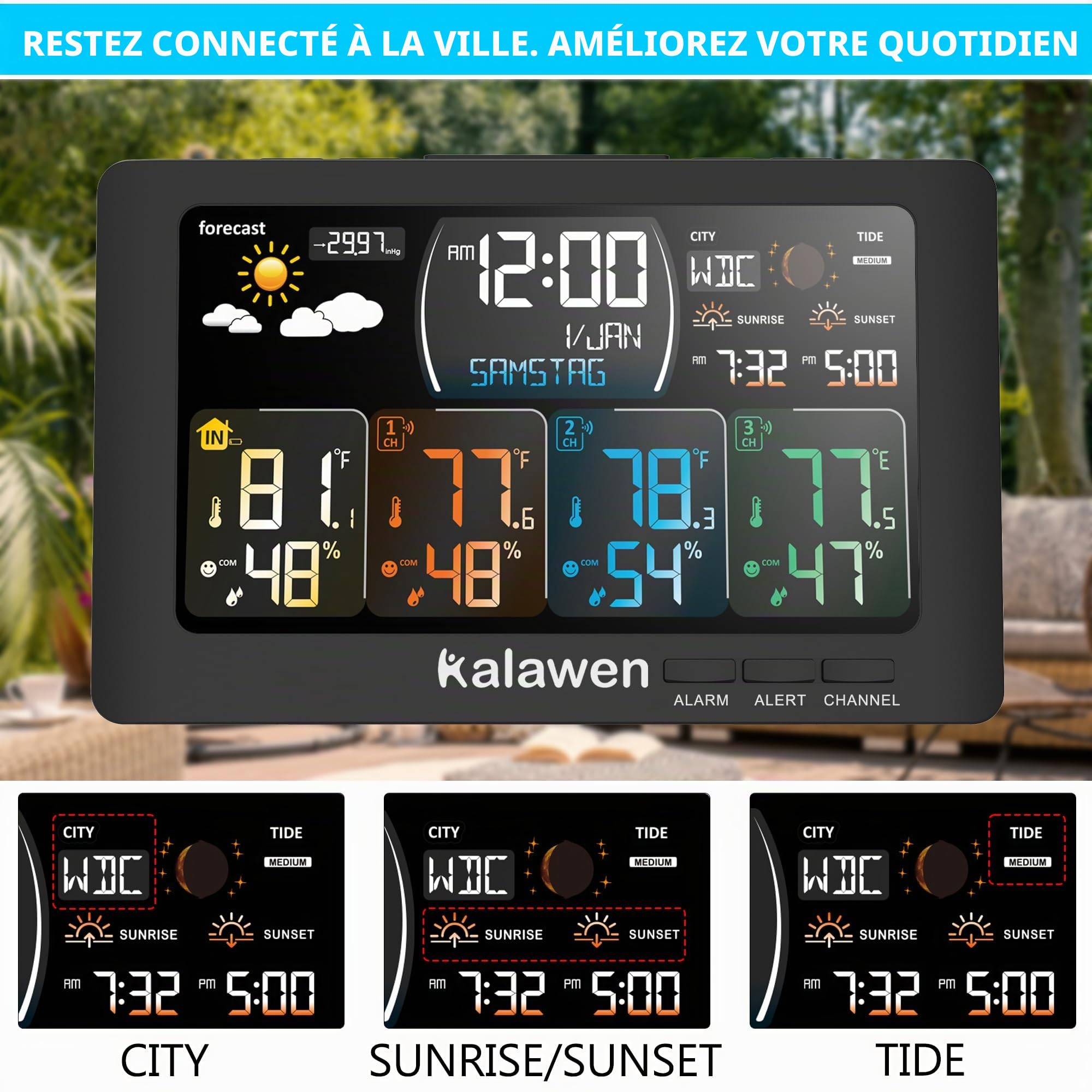 Station météo radio avec 3 capteurs extérieurs - Température intérieure et extérieure - Hygromètre radio - Réveil d'humidité RCC DCF