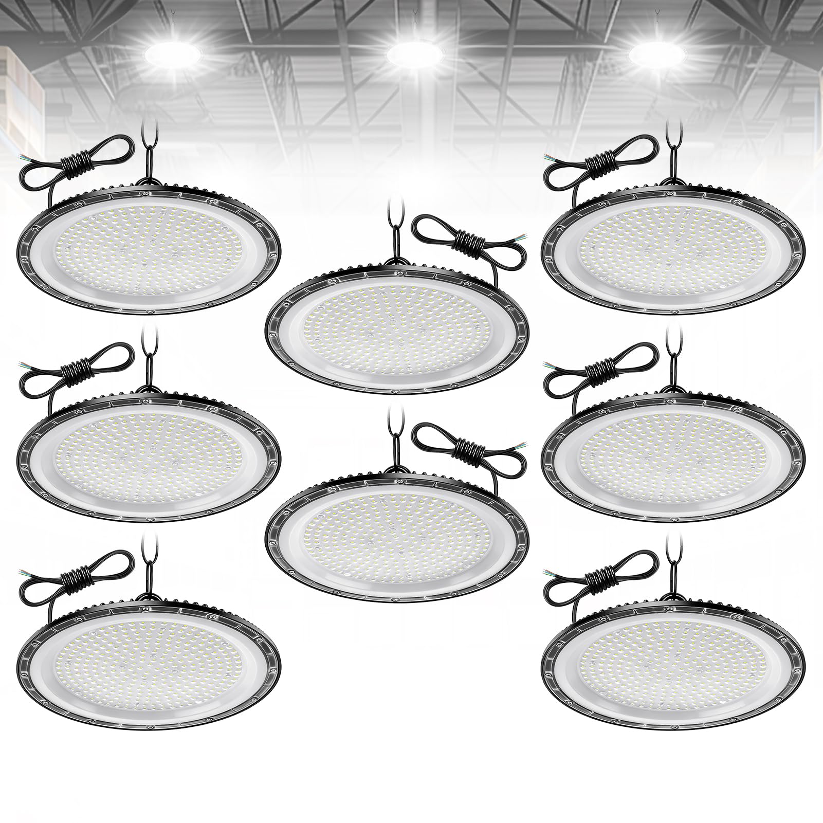 Eclairage LED Garage 500W 8 Pièce, 6500K 50000LM Plafonnier Garage, Étanche IP65 Éclairage Atelier avec Chaîne et Crochet de Suspension pour Garage, Atelier, Usines, Entrepôt