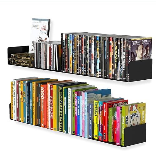 Wallniture Bali - Estantería flotante de 33 pulgadas y estantes de almacenamiento de CD y DVD, juego de 2 estantes flotantes de metal negro para