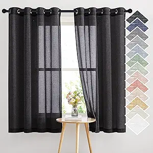 NICETOWN Black Semitransparent Sheer Curtains for Windows, Grommet Linen Blend Flax Durable Sheer Window Drapes Privacy Light Reducing Panels for Bedroom/Guest Room, W52 x L63, 2 Panels