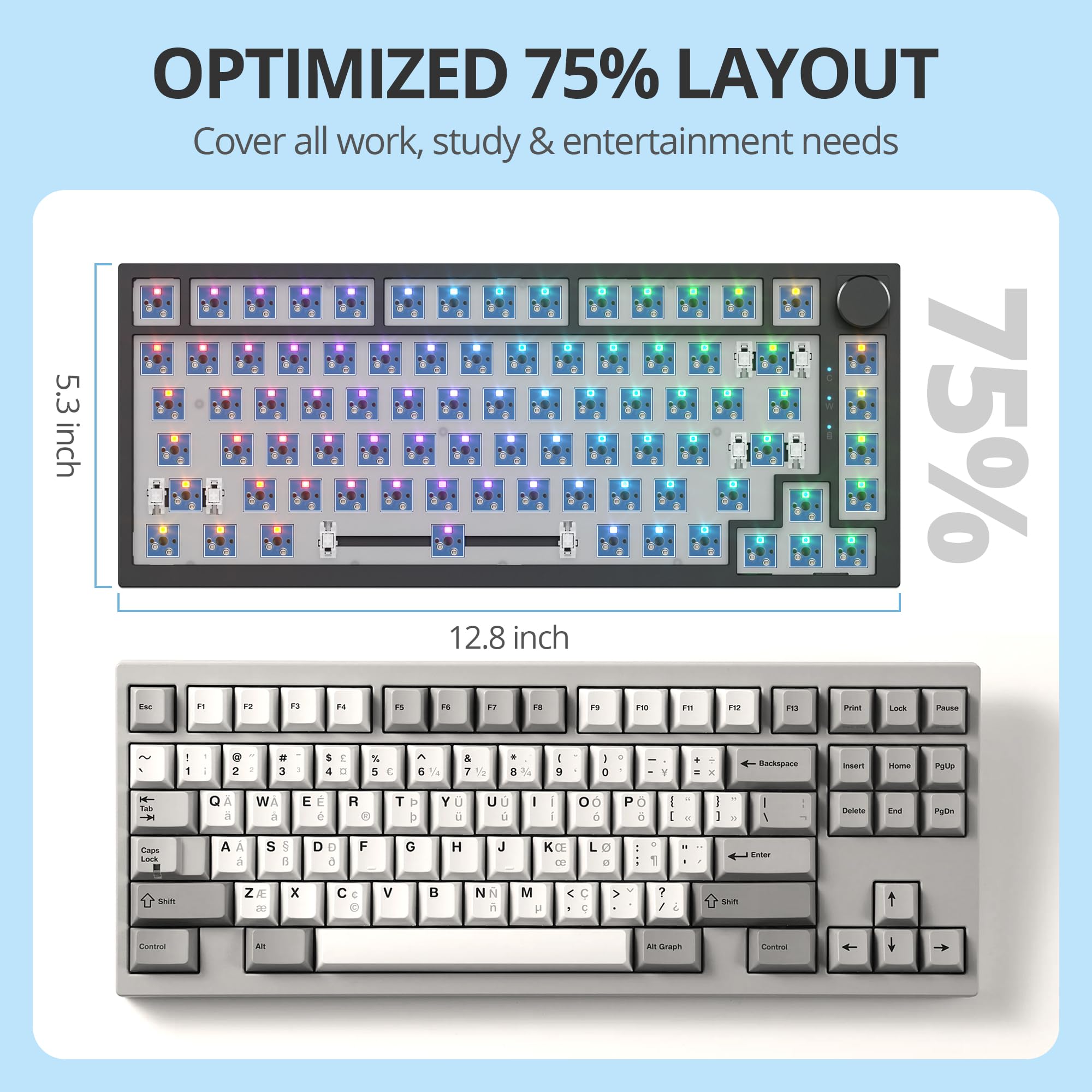 Barebones Kit Clavier de Jeu mécanique Vierge à 75% avec Joint d'étanchéité, Interrupteur RVB 3 Broches/5 Broches remplaçable à Chaud pour Windows/Mac (V400 Kit Noir)