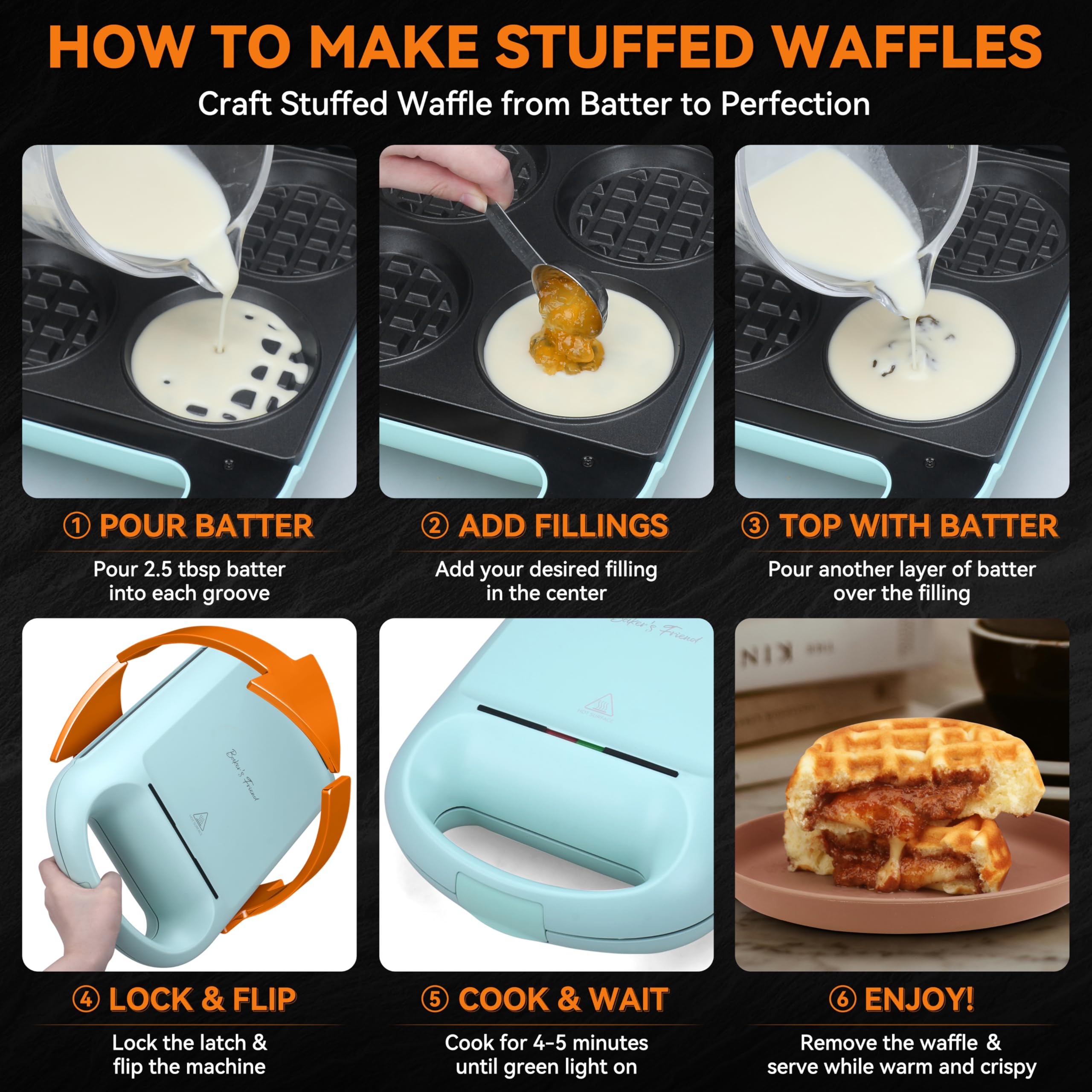 Máquina de gofres de relleno múltiple, 4 rebanadas con 1.2 pulgadas de grosor y 4 pulgadas de diámetro, mini waflera belga, sándwich de desayuno antiadherente, plancha de gofres 3