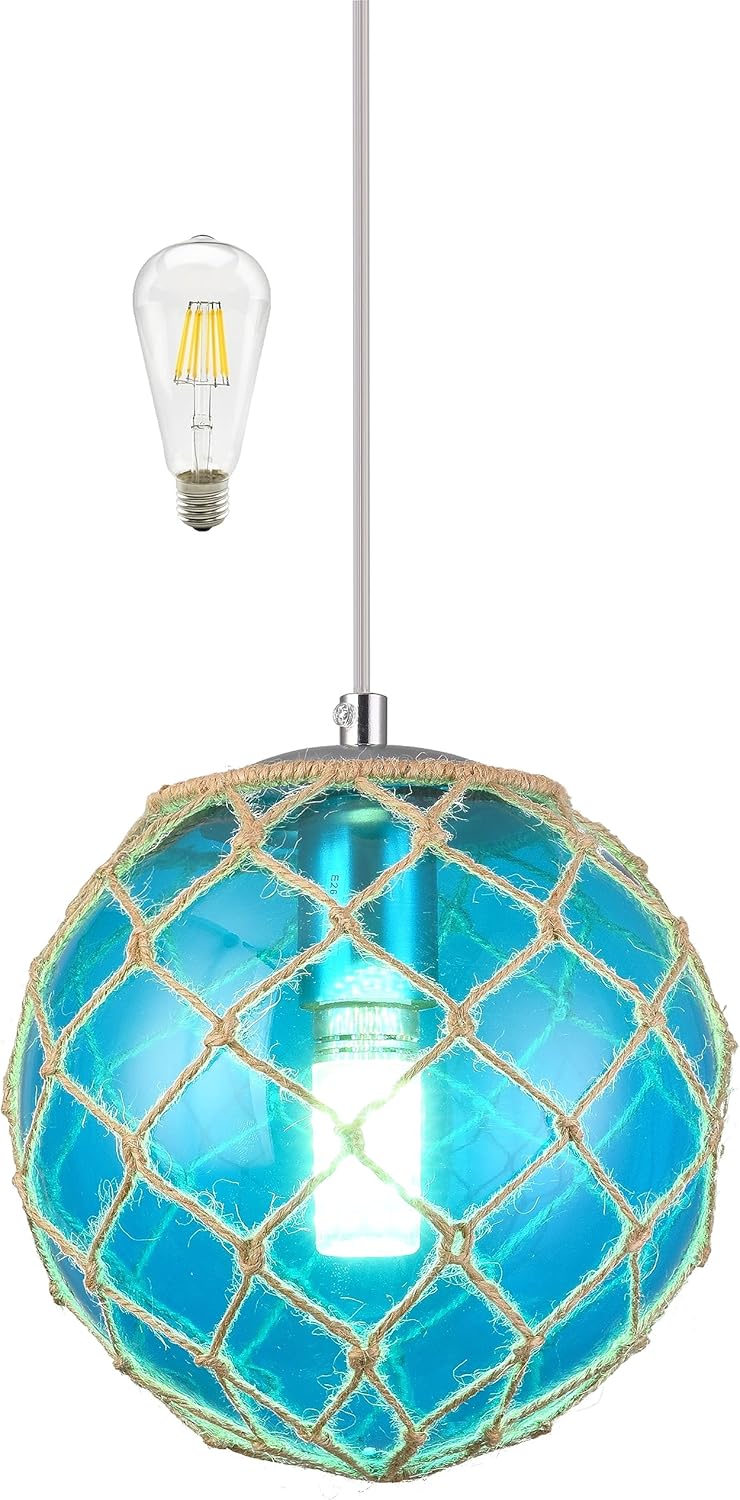 Blue Pendant Light Coastal Pendant Light Nautical Pendant Lighting Beach House Lighting Fixtures Ocean Lighting Fixture Coastal Hanging Light Fixtures Fish Float Glass Ball Lighting(Bulb Incl. Globe