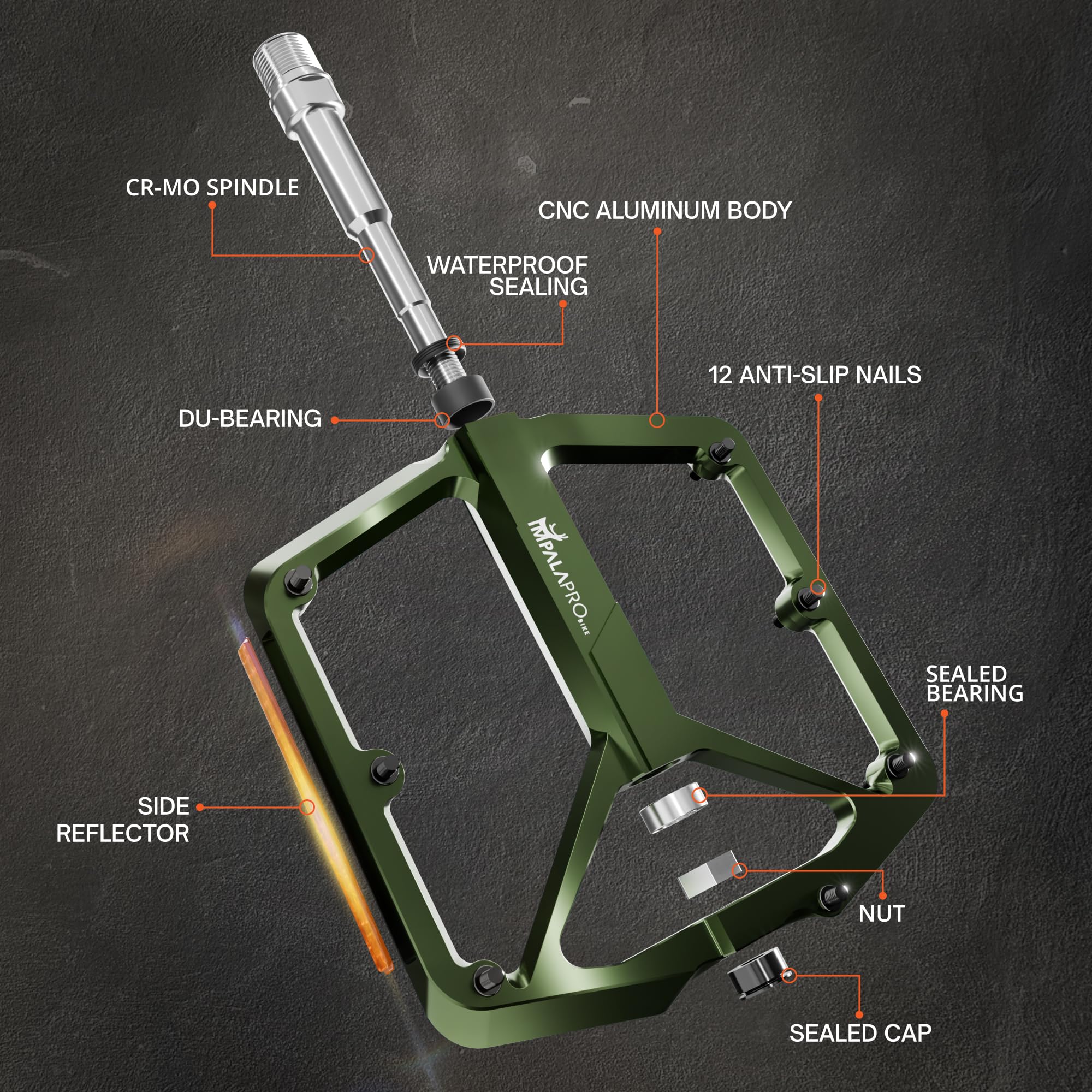 IMPALAPRO Pédale Vélo avec Bandes Réfléchissantes Aluminium CNC 9/16” – Pédales VTT à Large Plateforme avec Picots Antidérapants Amovibles – Pédale Vélo Route Légère 355 g