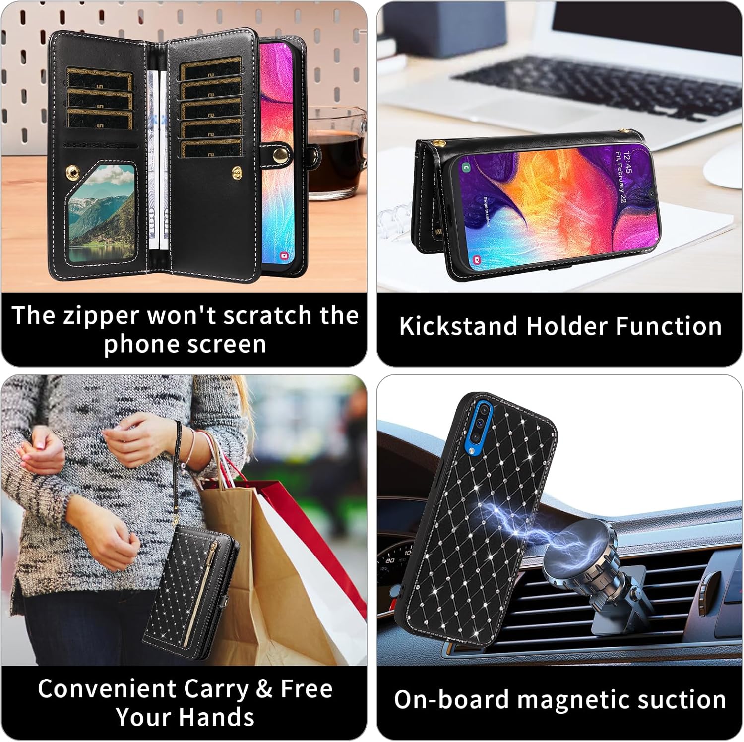 Asuwish Phone Case for Samsung Galaxy A50 A50S A30S Zipper Wallet Detachable Cell Cover with Screen Protector Crossbody Strap Bling Flip Credit Card Holder A 50 50S 30S S50 50A SM A505G Women Black