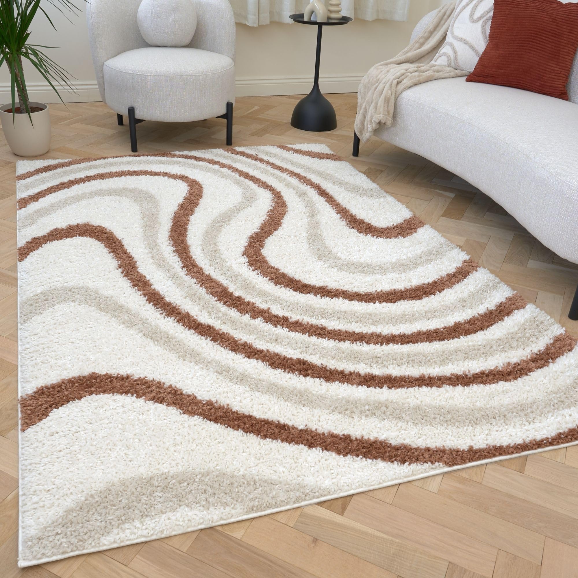 THE RUGS Moodi Wavy Design Shaggy Soft High Pile Living Room Rug & Runner in Terracotta | Size: 160cm x 230cm