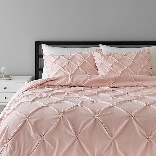 Amazon Basics Light-Weight Microfiber Pinch Pleat Duvet Cover Set - Full/Queen, Blush Pink