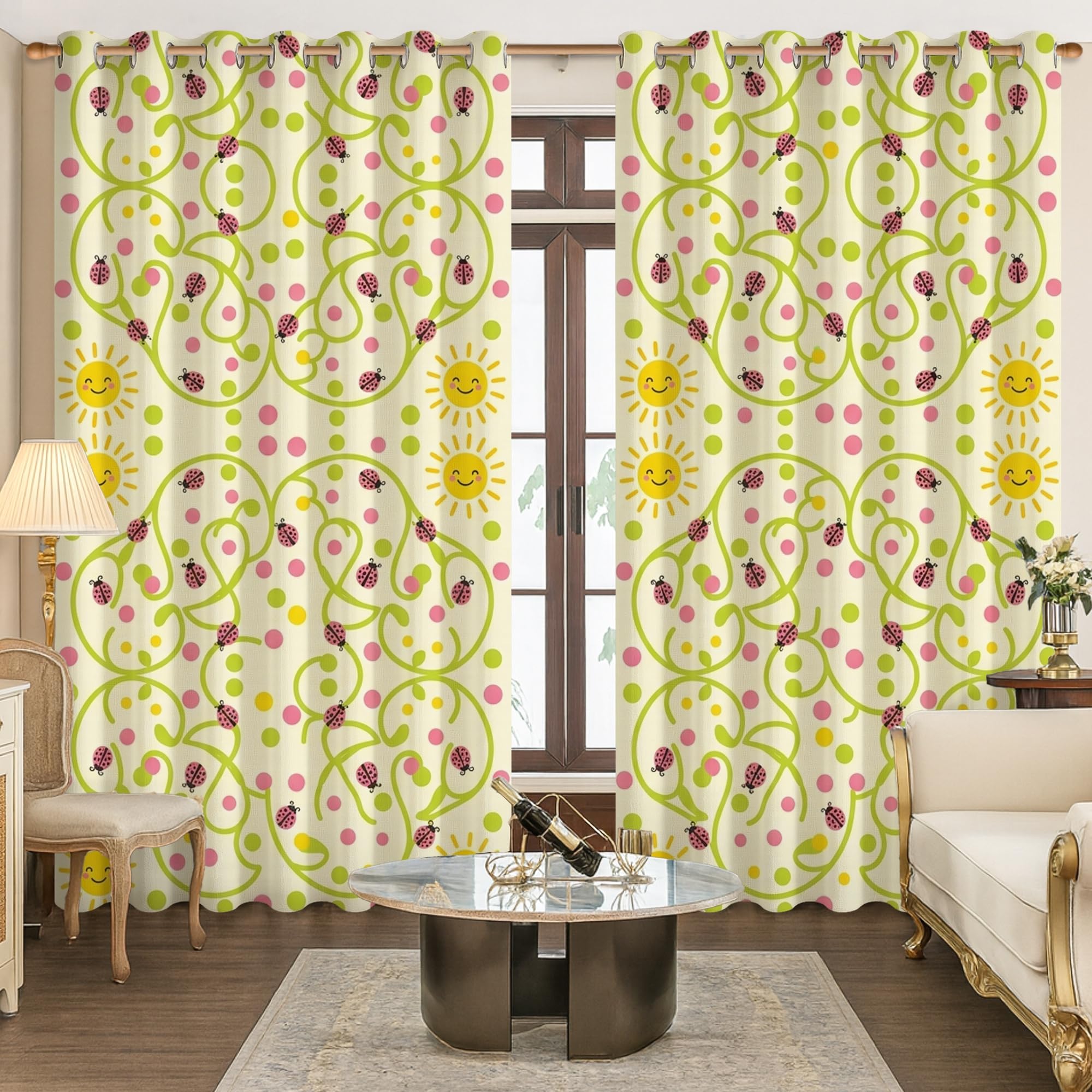 Tende oscuranti per sole, giocose fantasiose coccinelle rampicanti gialle termiche tende per finestre per ufficio, 132 x 239 cm