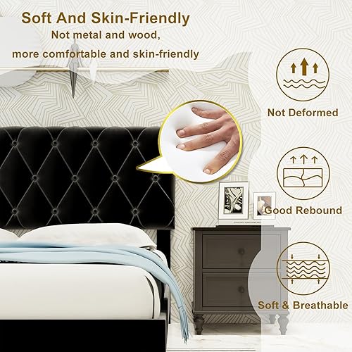Miniatura 12 de Base de cama de tamaño matrimonial, plataforma tapizada de terciopelo con cabecero, fácil montaje, no necesita somier, antideslizante y sin ruido