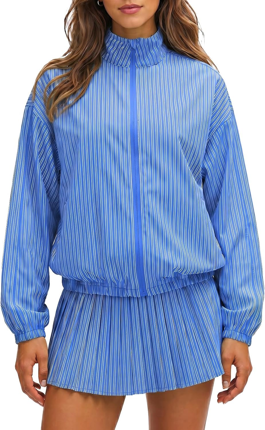 Fisoew Womens Tennis Jackets Striped 2 Piece Outfits Casual Matching Sets