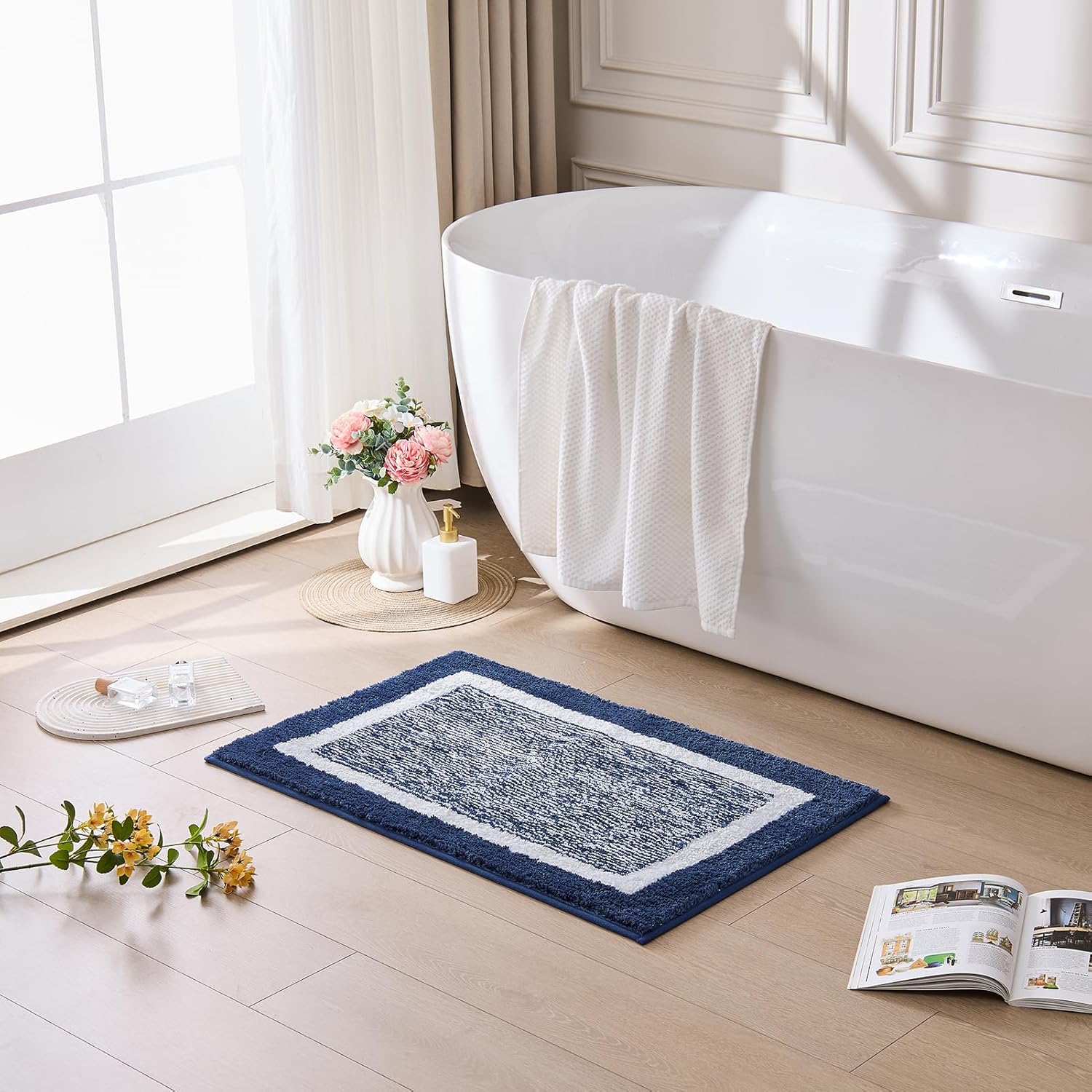 CozeCube Bath mats for Bathroom Non Slip, Fluffy Absorbent Microfiber Bath mat Washable, Aesthetic Bathroom Rugs, Large Navy Blue Bath mat, Navy Blue, 36" x 24"
