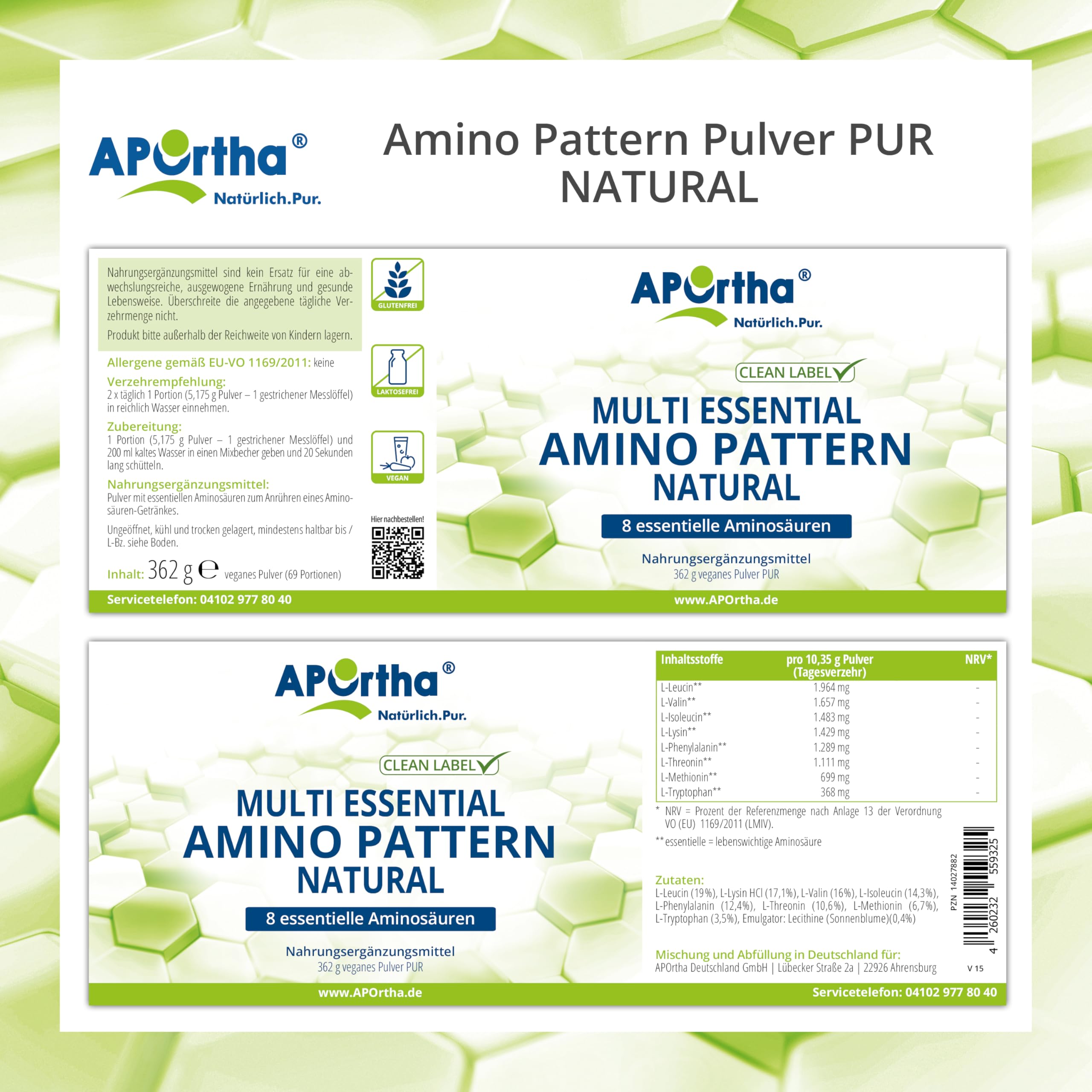APOrtha Multi essential Amino Pattern I 362 g Aminosäuren-Pulver mit 8 essentiellen Aminosäuren nach Prof. Dr. Lucà- Moretti für optimierte Eiweißversorgung I Aminosäuren komplex hochdosiert EAA vegan