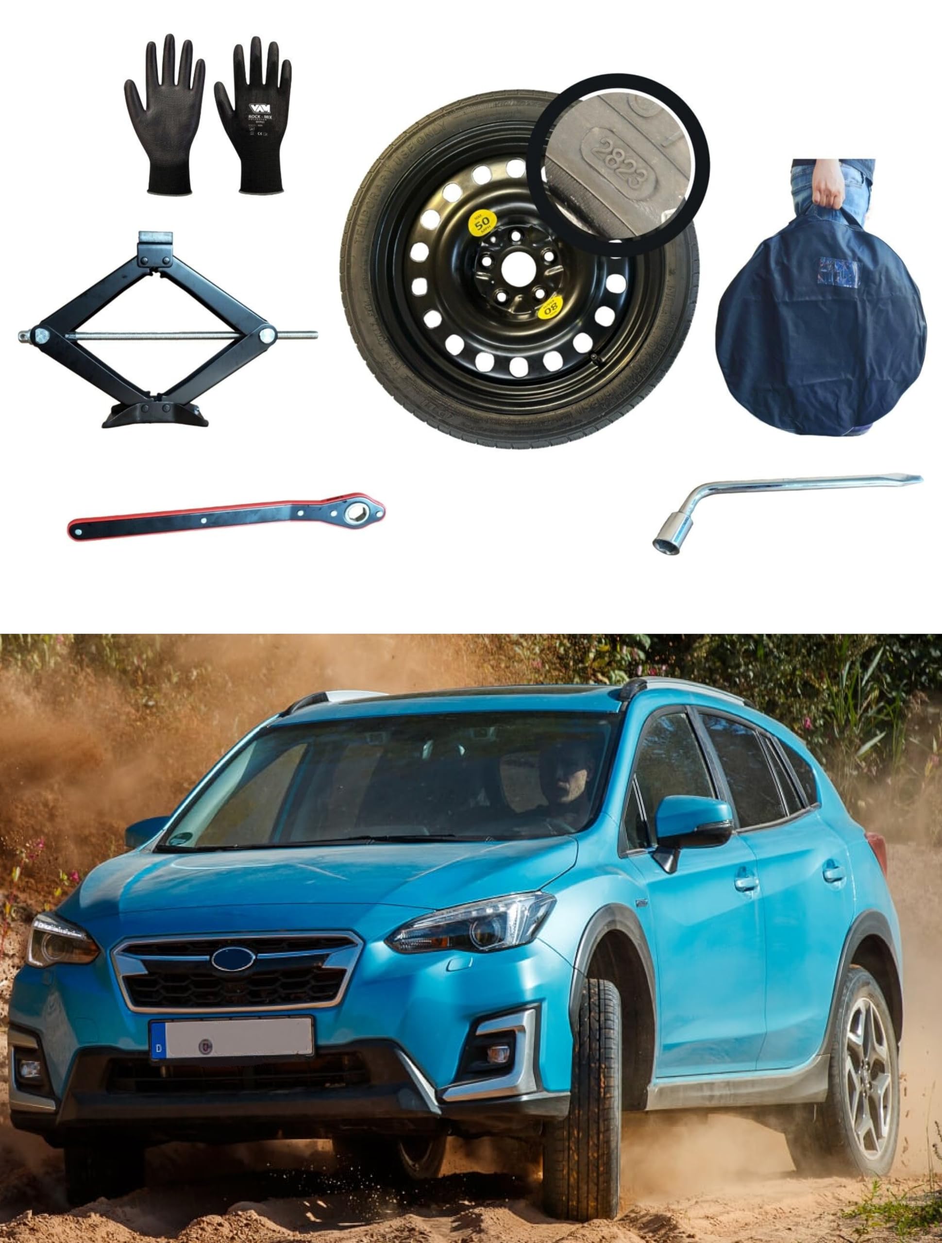Kit de Rueda de Repuesto 17" compatible con Subaru XV E-Boxer 2020> con Gata, Llave, Guantes y Funda125/80R17