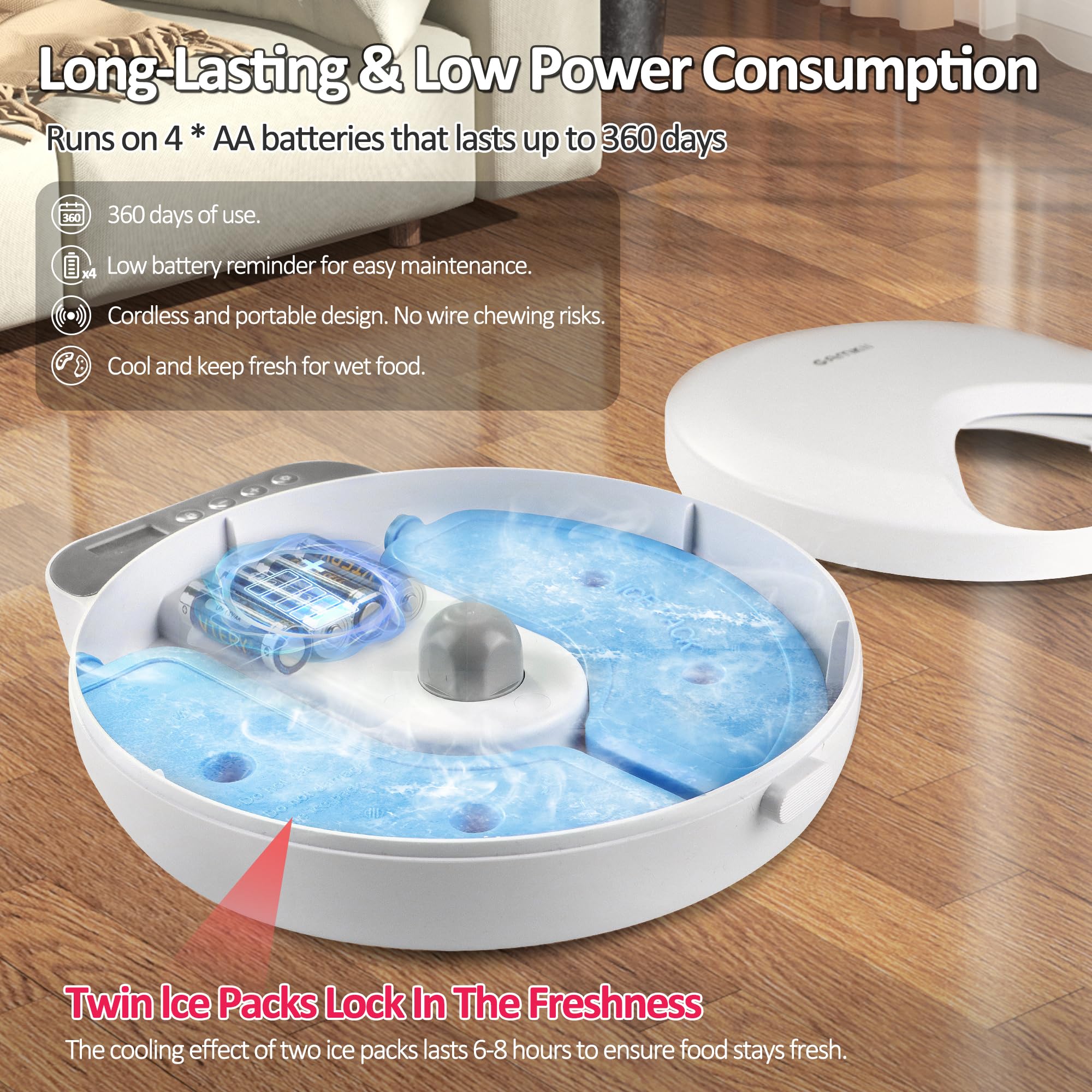 Alimentador automático para gatos, alimentador automático de alimentos húmedos/secos con 2 paquetes de hielo, temporizador programable inalámbrico de 4 comidas, dispensador automático para mascotas