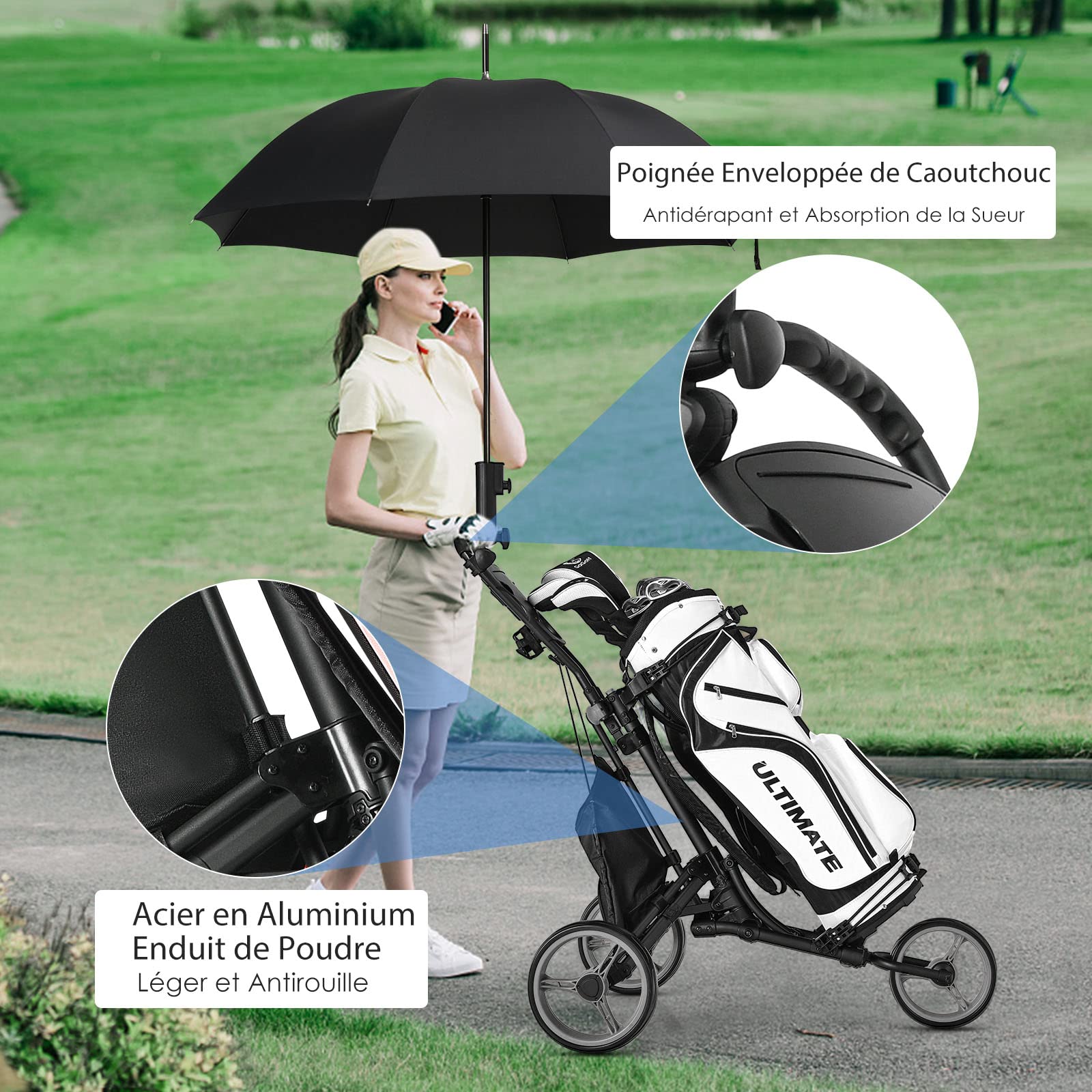 GOPLUS Carrito de Golf Plegable 3 Ruedas, Altura Ajustable, Aluminio, Portaparaguas, Bolsa Impermeable, Freno Pie, 121x70x116 cm