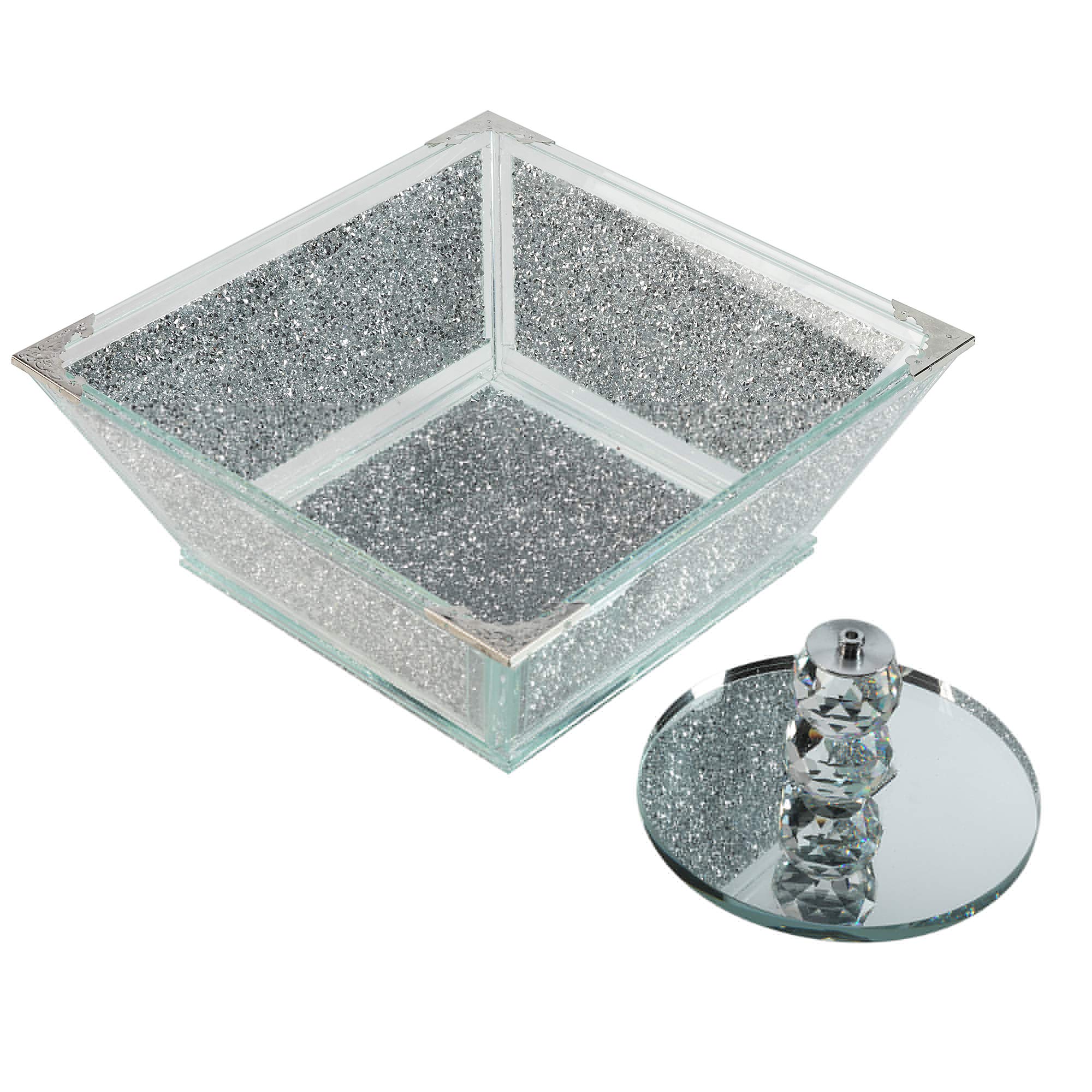 London Boutique Extra große Obstschale aus Kristall, Mittelstück, Aufbewahrung, glitzernd, Diamant-gefüllt, silberfarbener Metallrahmen, quadratische Form, 19,1 cm Höhe
