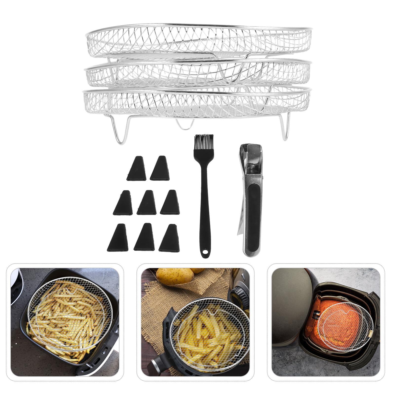 LIFKOME 13 piezas Rejillas Apilables para Freidora de Aire Bandejas Redondas de Acero Inoxidable con Patas y Cepillo Accesorios Duraderos para Hornear Asar y Deshidratar Cocina