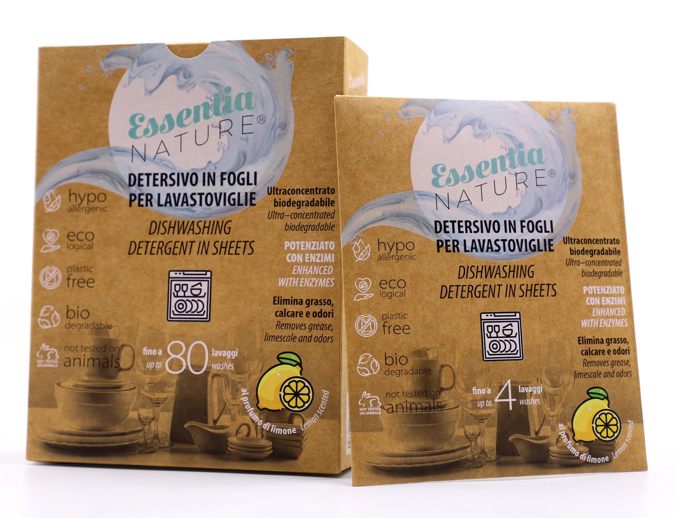 ESSENTIA Detersivo Ecologico in Fogli per Lavastoviglie | 3 Confezioni da 80 Lavaggi | Ultraconcentrato e Biodegradabile con Enzimi Naturali | Profumo Limone | Elimina Calcare e Odori | Plastic Free