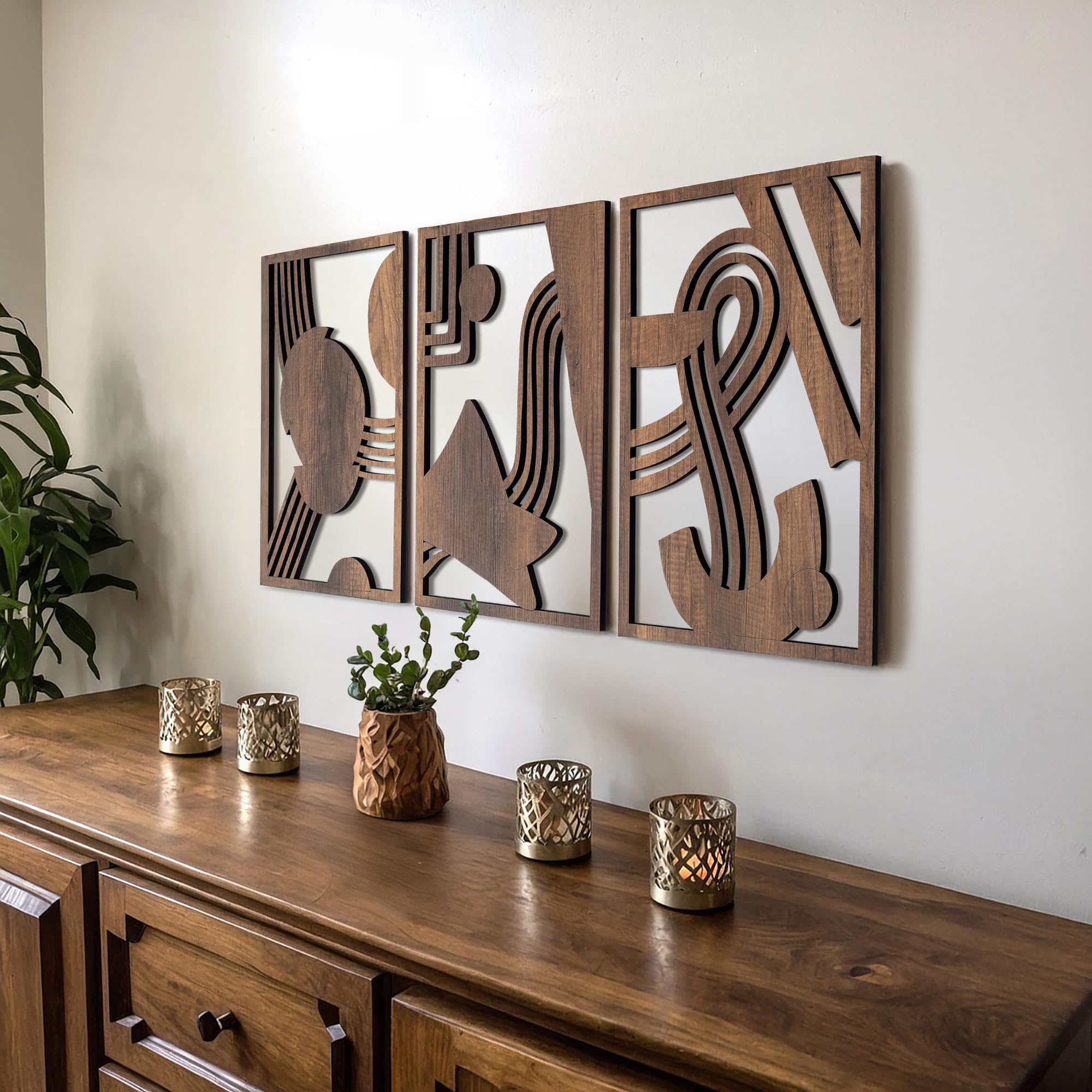 qmmp Modern Wooden Wall Sculptures - Set of 3 - Home Decor Accent - Large Wall Art for Living Room, Bedroom, Office - Easy Installation (Walnut,