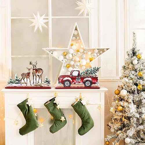 Miniatura 5 de Huwena 5 piezas de decoración de mesa de Navidad, centros de mesa de Navidad de madera, señal de alegría, muñeco de nieve, guantes de reno, señales