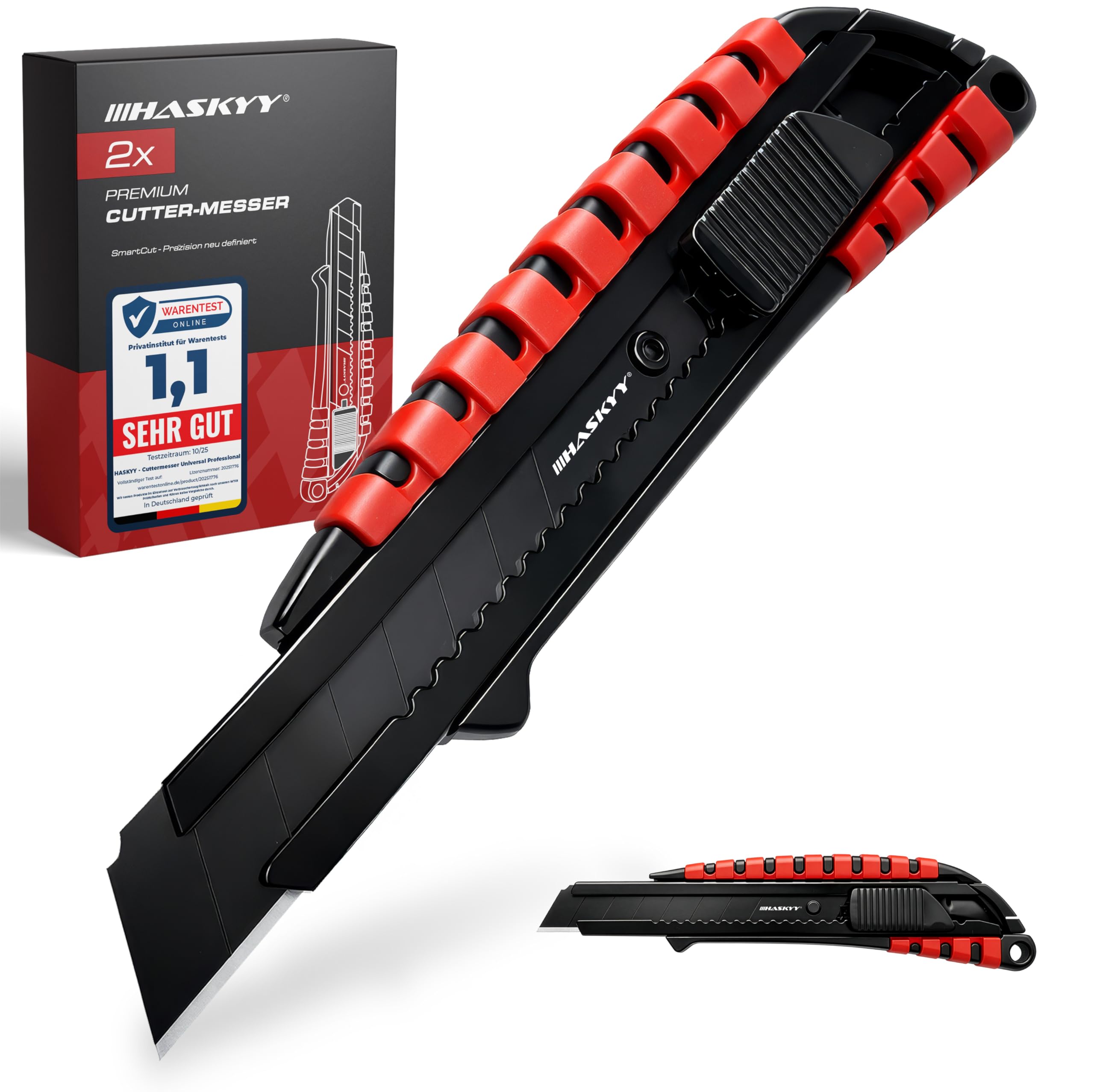 HASKYY Professional universal knife, set of 2 knives with 18 mm extra sharp SK5 blade, ergonomically designed body with rubber grooves and safe blade change