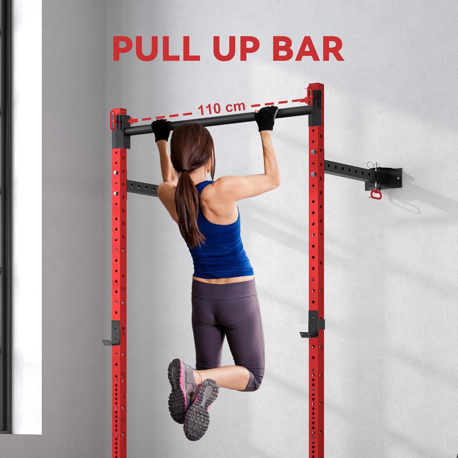 Red Folding Squat Rack with Pull Up Bar, Wall Mounted Power Rack for Home Gym, 1000 lbs Capacity, Space Saving Strength Training Cage, Red