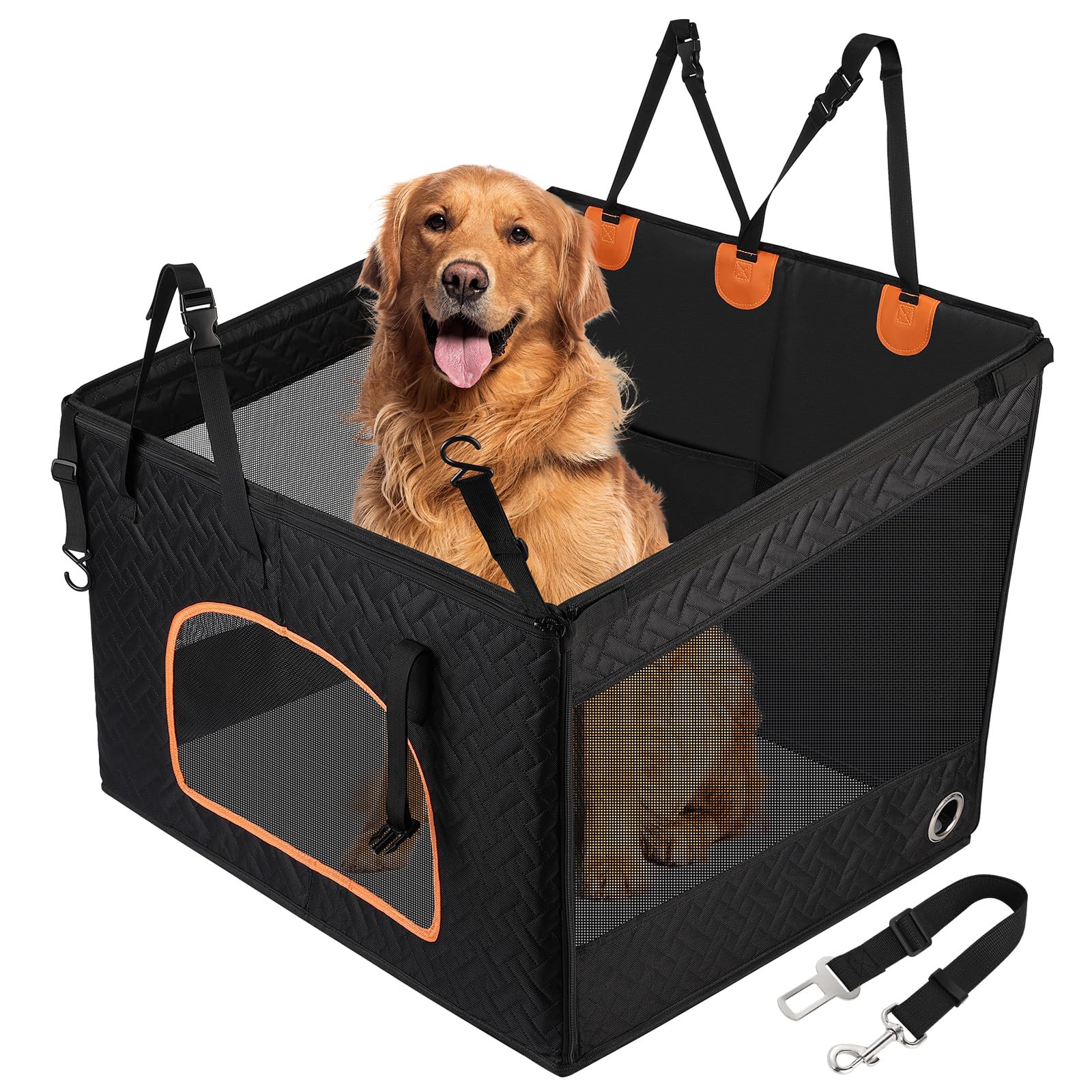 kyg large dog car seat for large medium size dogs with cushion, waterproof hard bottom car seat cover for dogs with 3 mesh windows, foldable pet carseat for cars/suvs/trucks