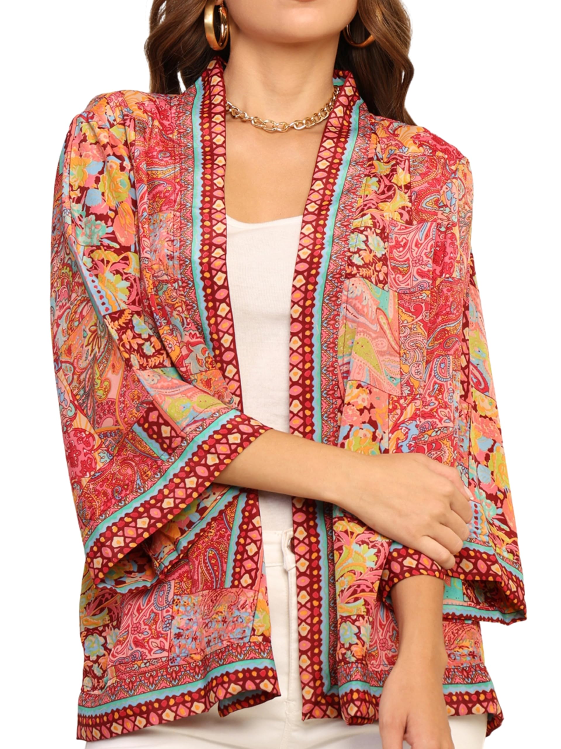KE KANHA EXPORTS Women's Boho Border Print Shrug|Stylish Kimono Jacket Cover Up|Soft Silky-Feel Premium Fabric|Blue Multicolor|Easily Fits S-M-L|Bust 30-42 in|Length 28 in|Pack of 1